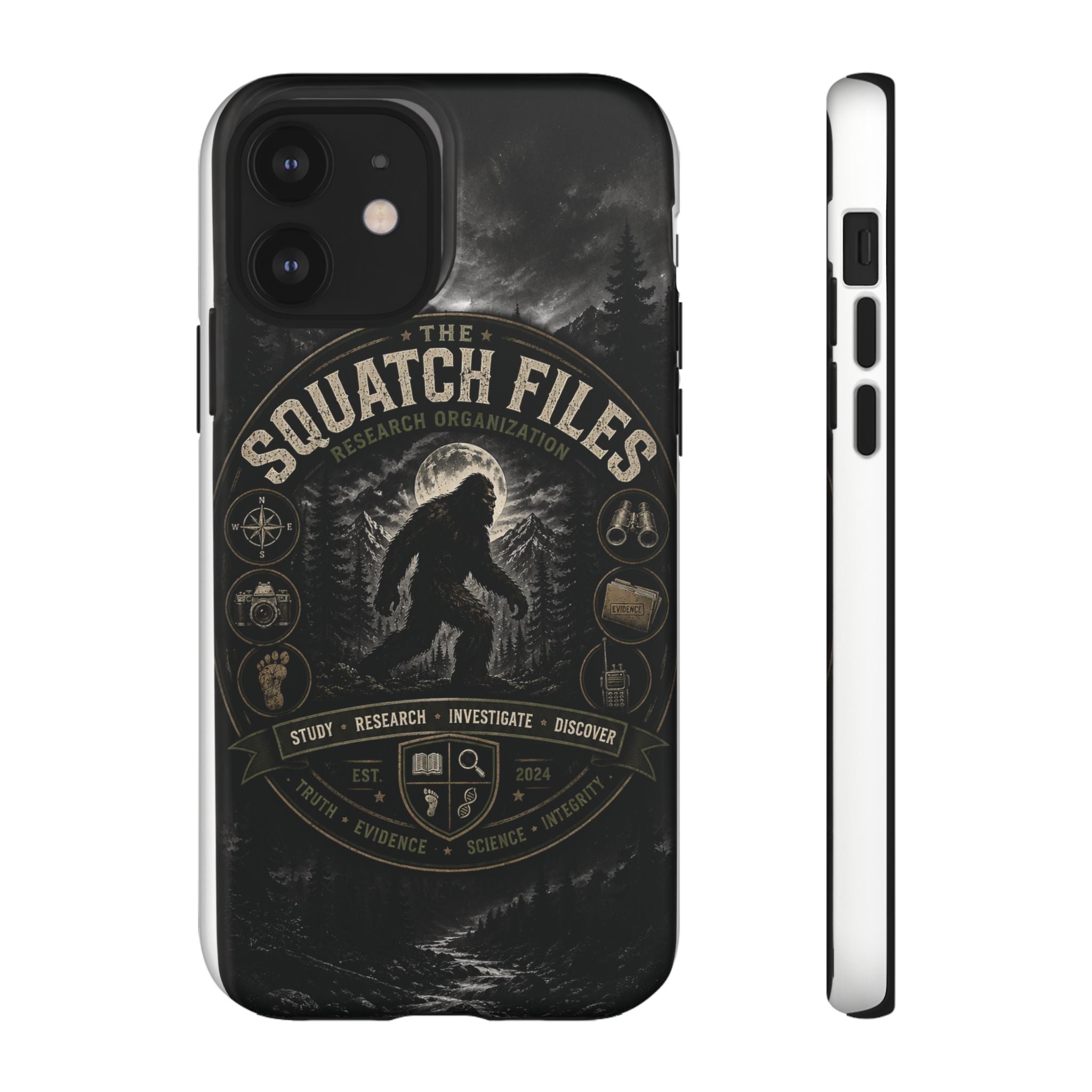 Squatch Files Research Organization Phone Case — Bigfoot Sasquatch Moonlit Forest Design
