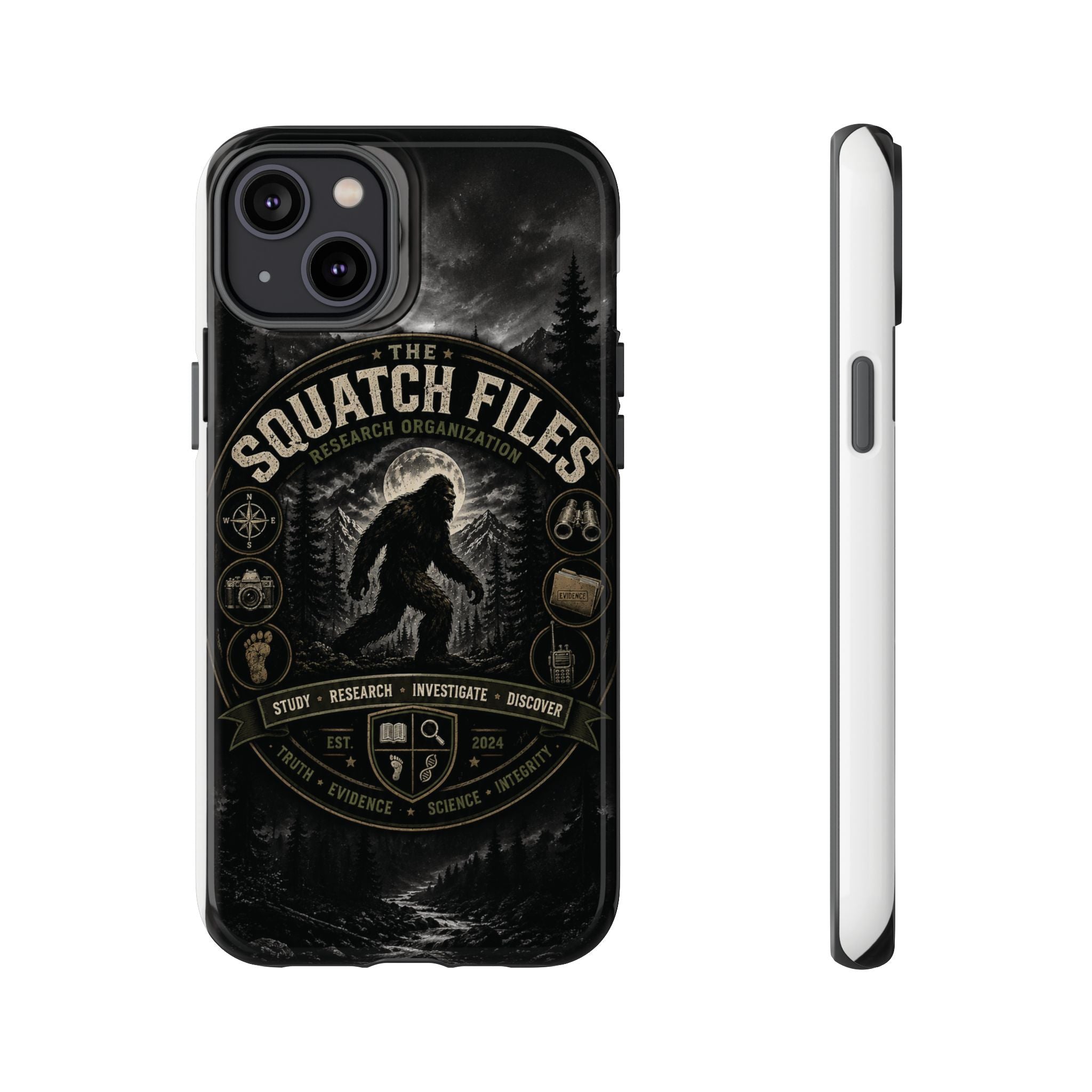 Squatch Files Research Organization Phone Case — Bigfoot Sasquatch Moonlit Forest Design