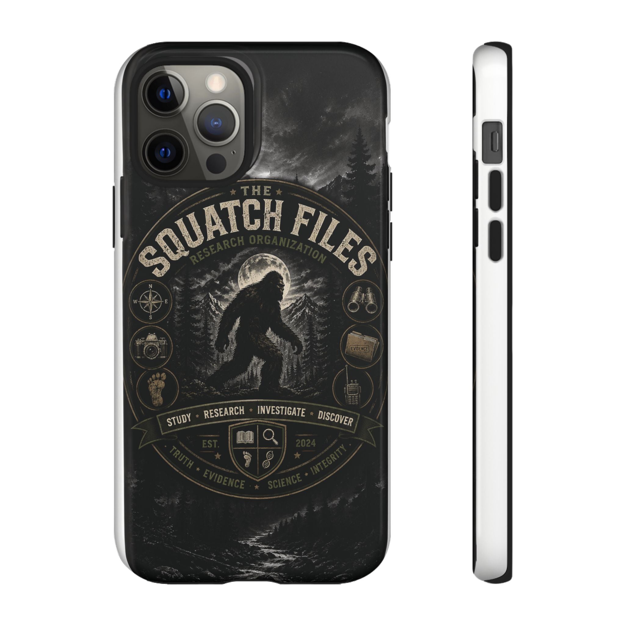 Squatch Files Research Organization Phone Case — Bigfoot Sasquatch Moonlit Forest Design