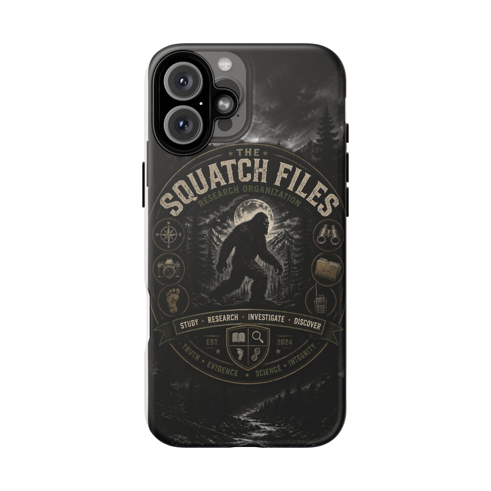 Squatch Files Research Organization Phone Case — Bigfoot Sasquatch Moonlit Forest Design