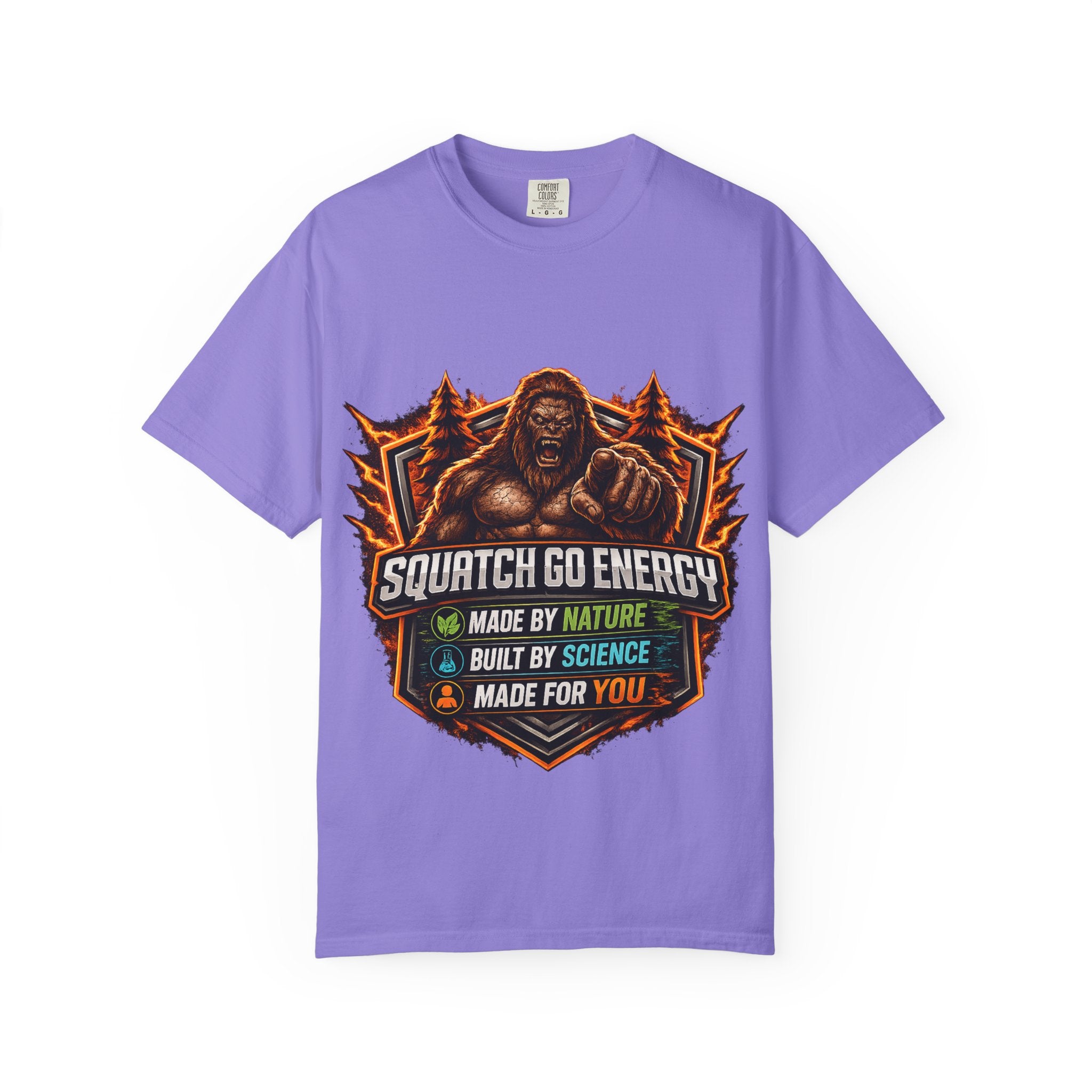Squatch Go Energy T-Shirt — Sasquatch Vintage Badge Tee (Made by Nature • Built by Science)