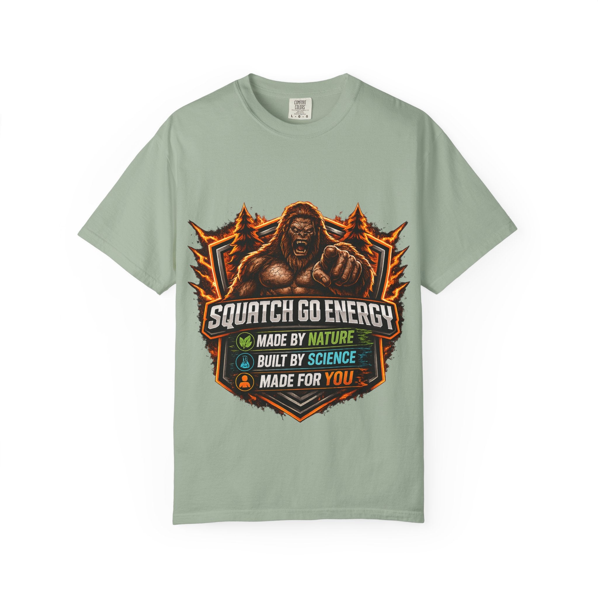 Squatch Go Energy T-Shirt — Sasquatch Vintage Badge Tee (Made by Nature • Built by Science)