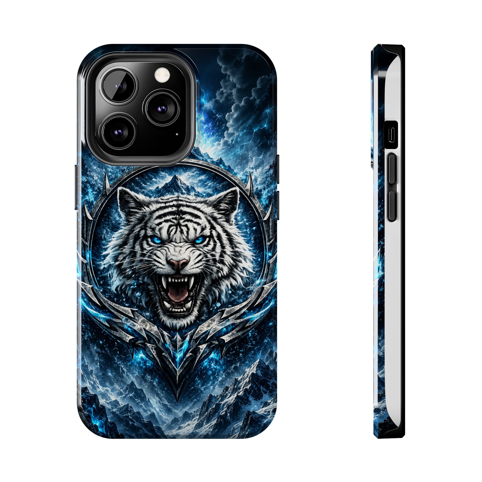 Blue White Tiger Tough Phone Case — Rugged Armor Cover with Fierce Snow Tiger Design
