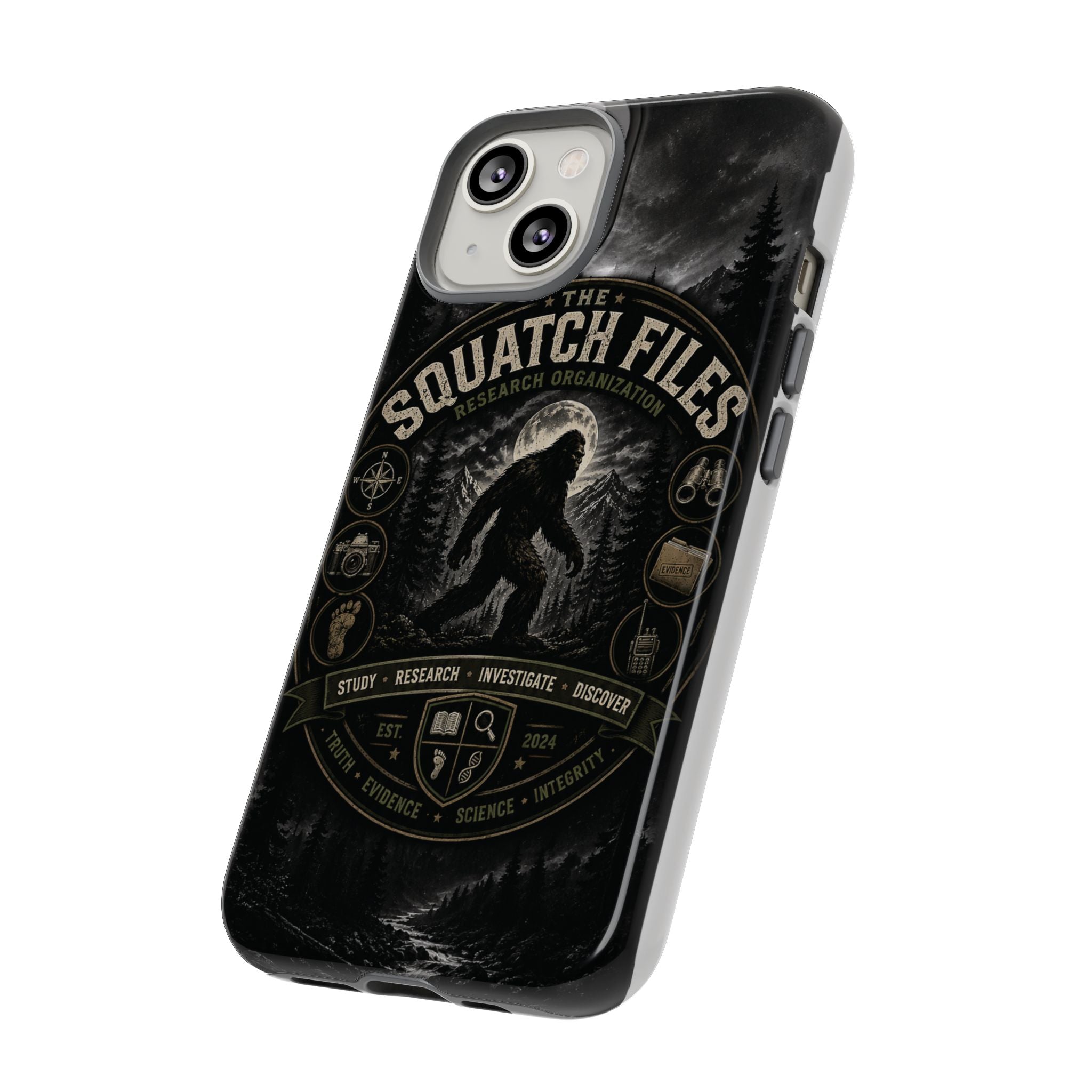 Squatch Files Research Organization Phone Case — Bigfoot Sasquatch Moonlit Forest Design
