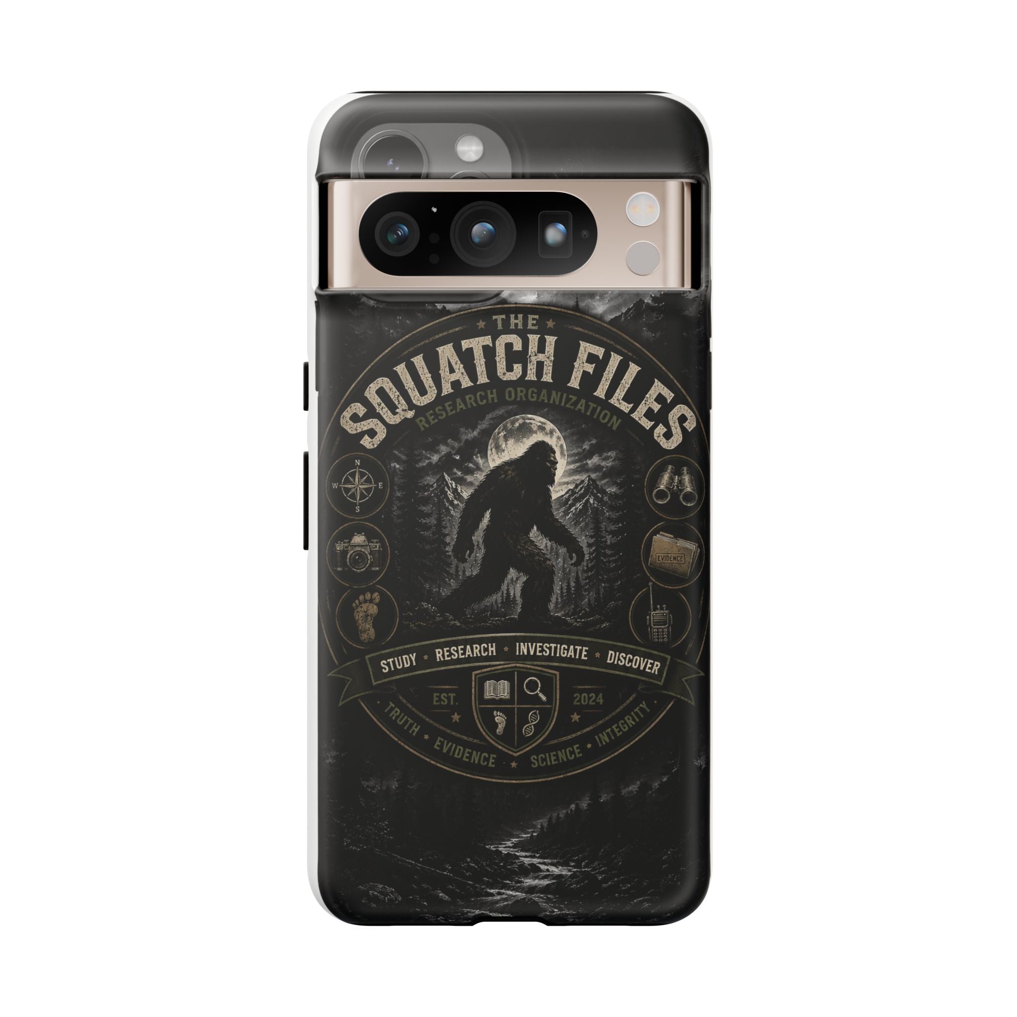 Squatch Files Research Organization Phone Case — Bigfoot Sasquatch Moonlit Forest Design