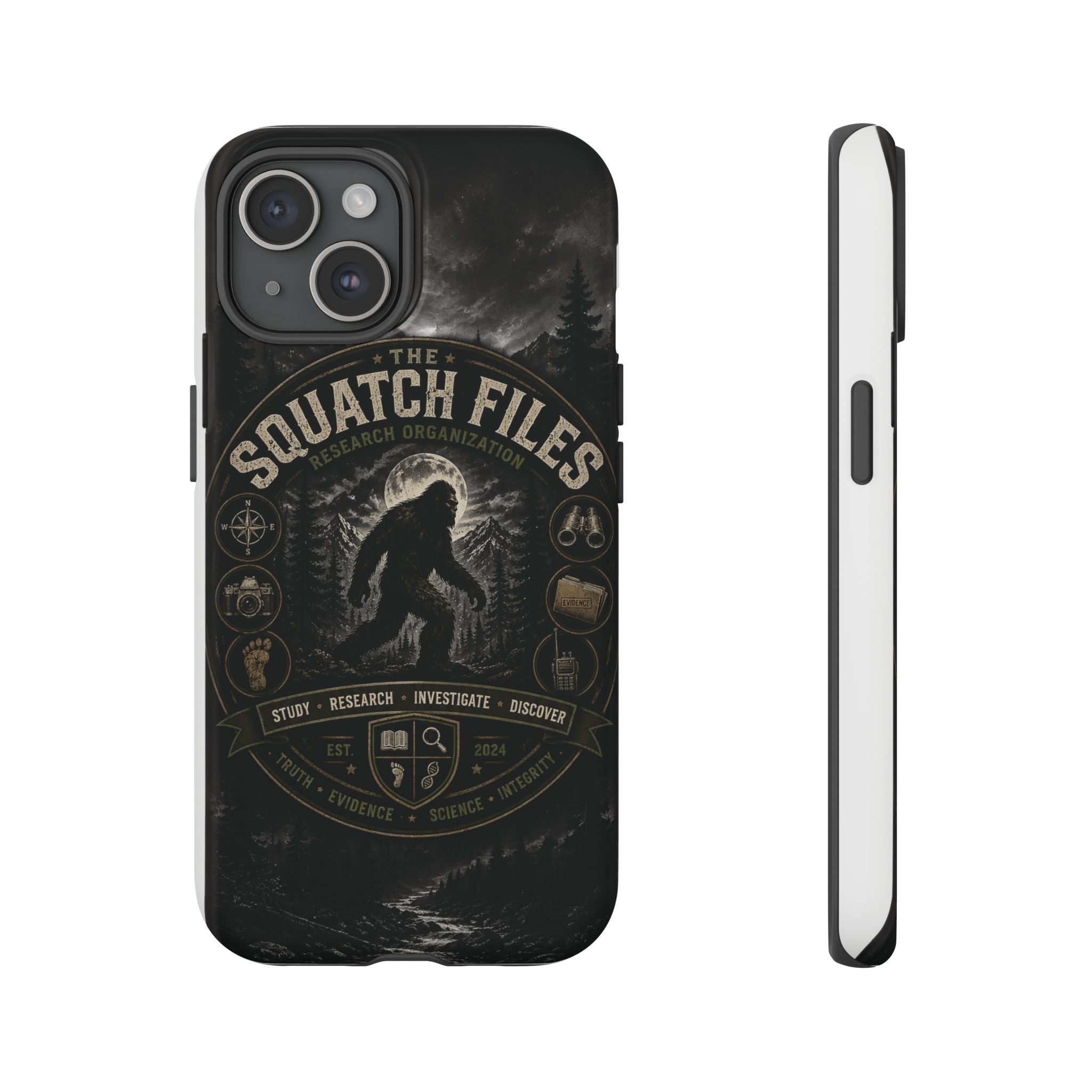 Squatch Files Research Organization Phone Case — Bigfoot Sasquatch Moonlit Forest Design