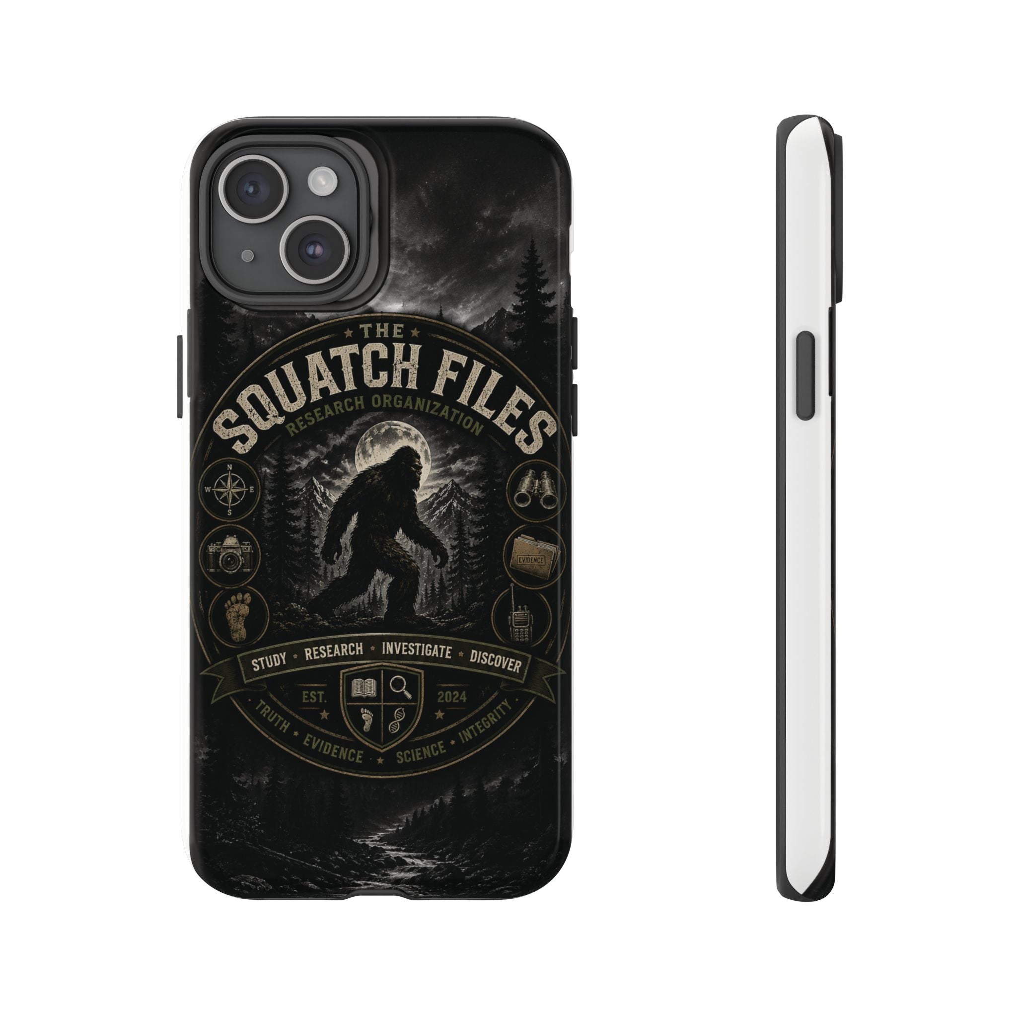 Squatch Files Research Organization Phone Case — Bigfoot Sasquatch Moonlit Forest Design