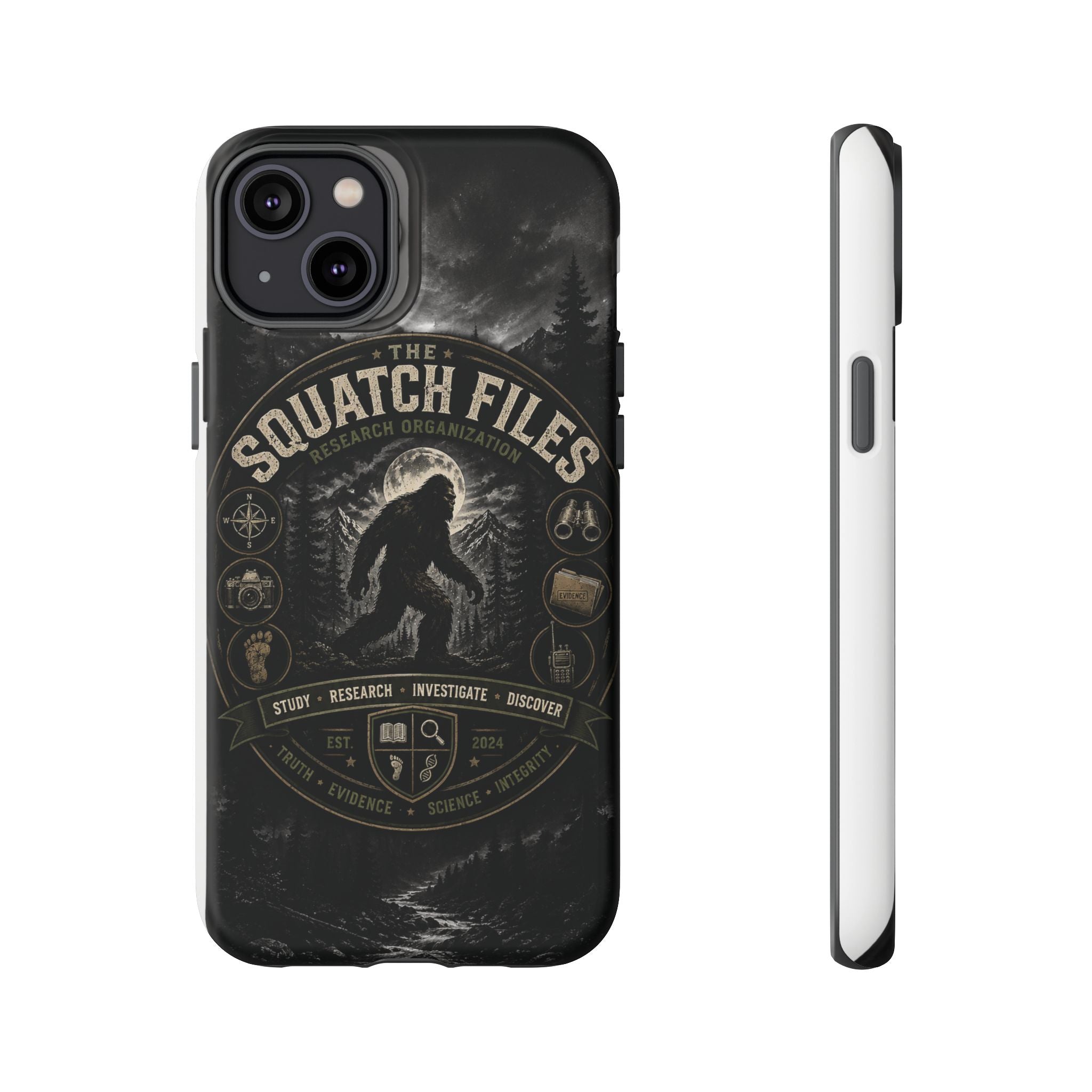 Squatch Files Research Organization Phone Case — Bigfoot Sasquatch Moonlit Forest Design