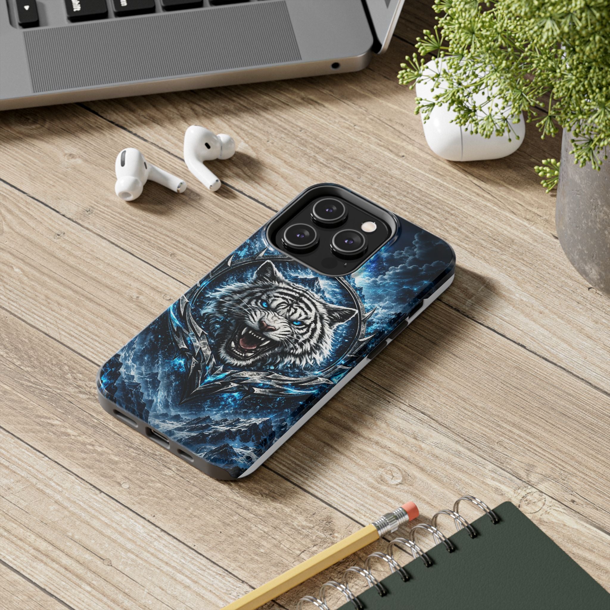 Blue White Tiger Tough Phone Case — Rugged Armor Cover with Fierce Snow Tiger Design