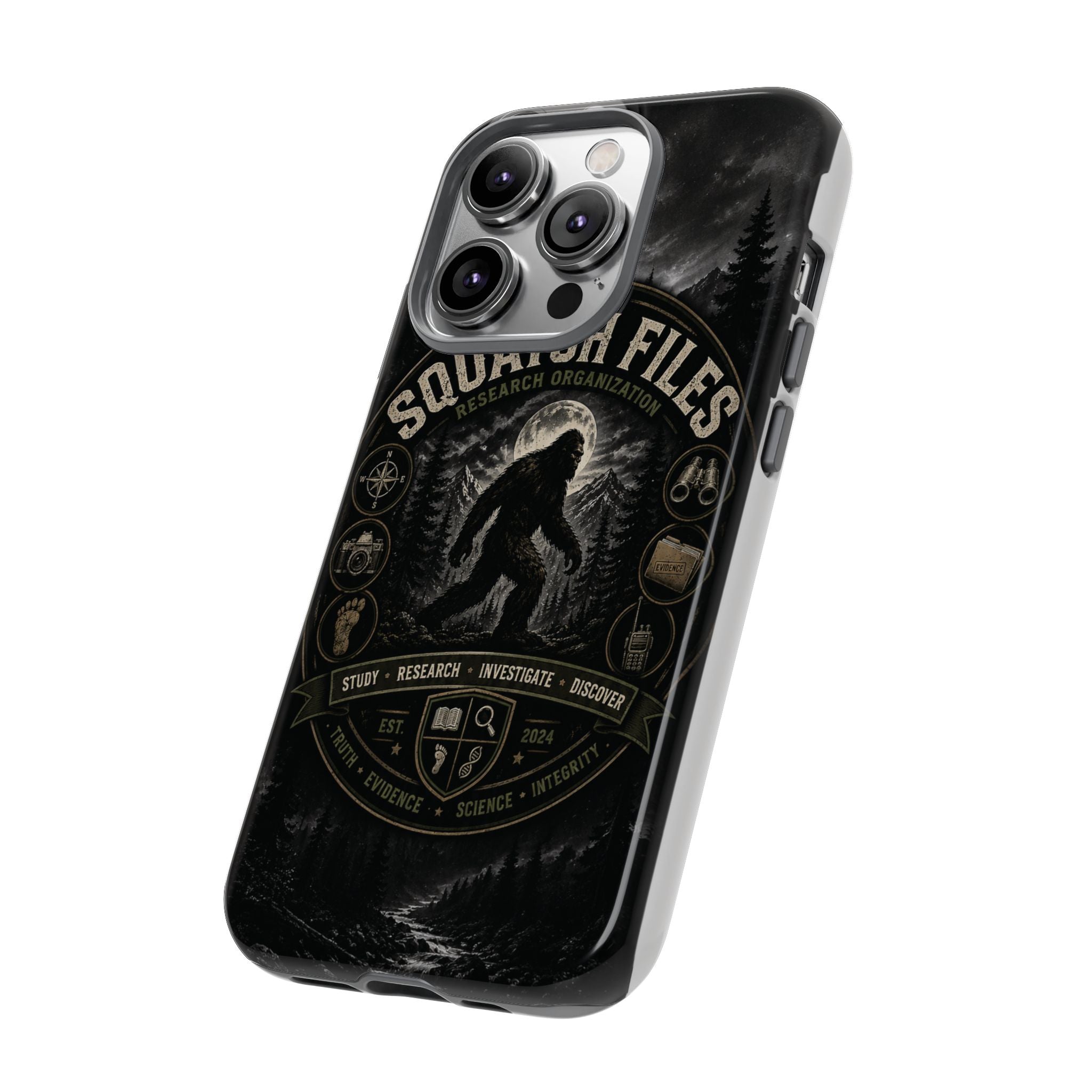 Squatch Files Research Organization Phone Case — Bigfoot Sasquatch Moonlit Forest Design