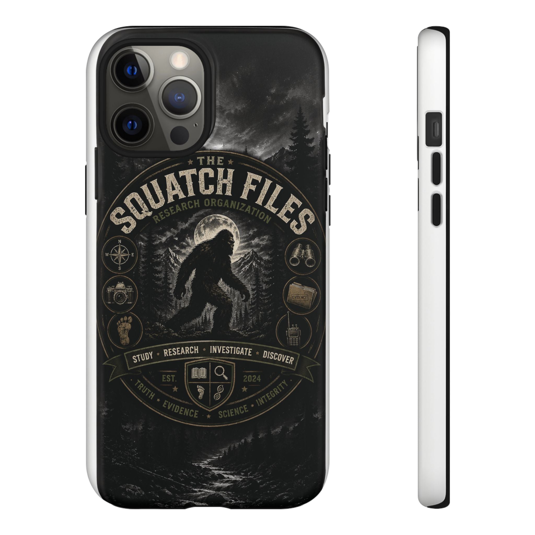 Squatch Files Research Organization Phone Case — Bigfoot Sasquatch Moonlit Forest Design
