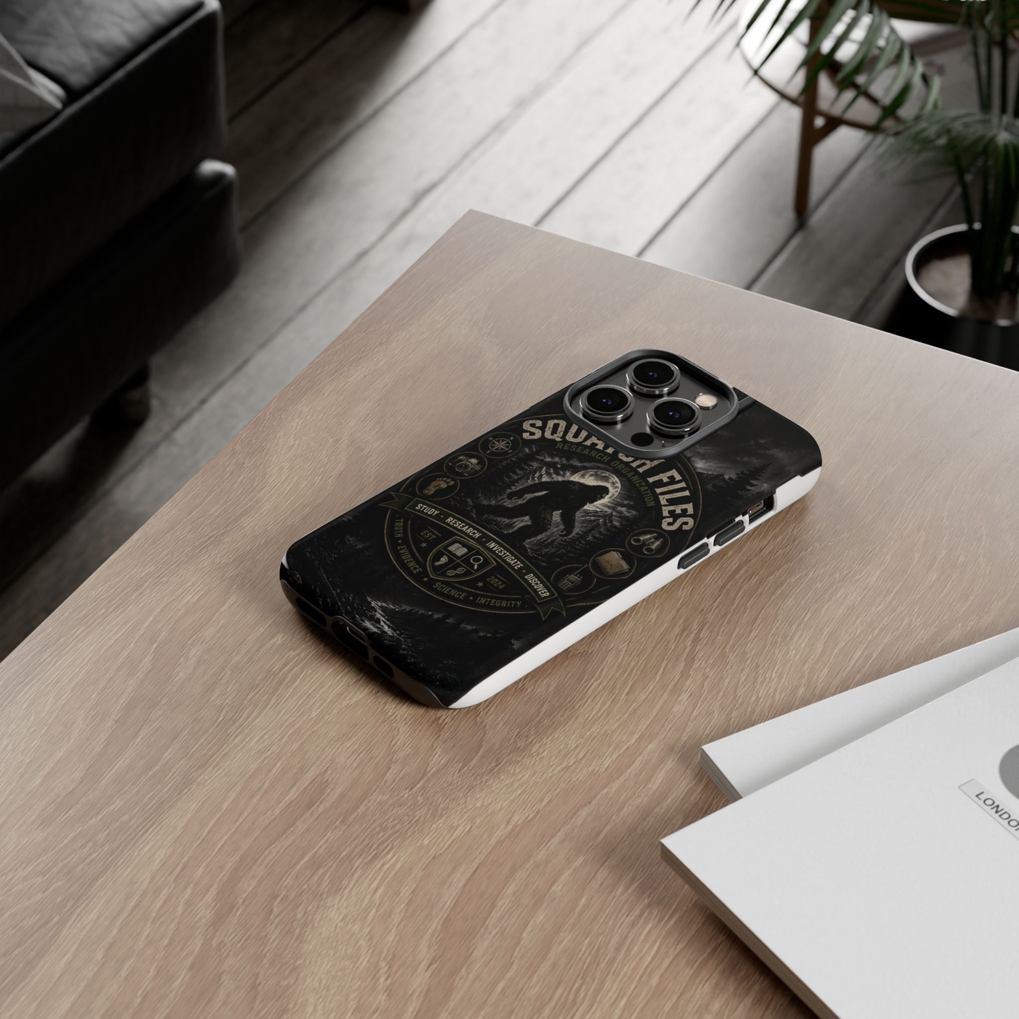 Squatch Files Research Organization Phone Case — Bigfoot Sasquatch Moonlit Forest Design