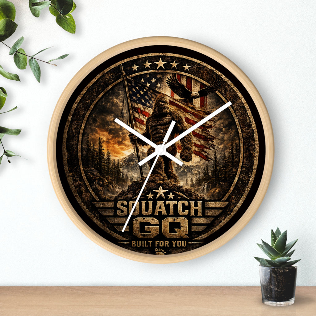 Squatch GQ Rustic Bigfoot Wall Clock — Patriotic American Cabin Decor