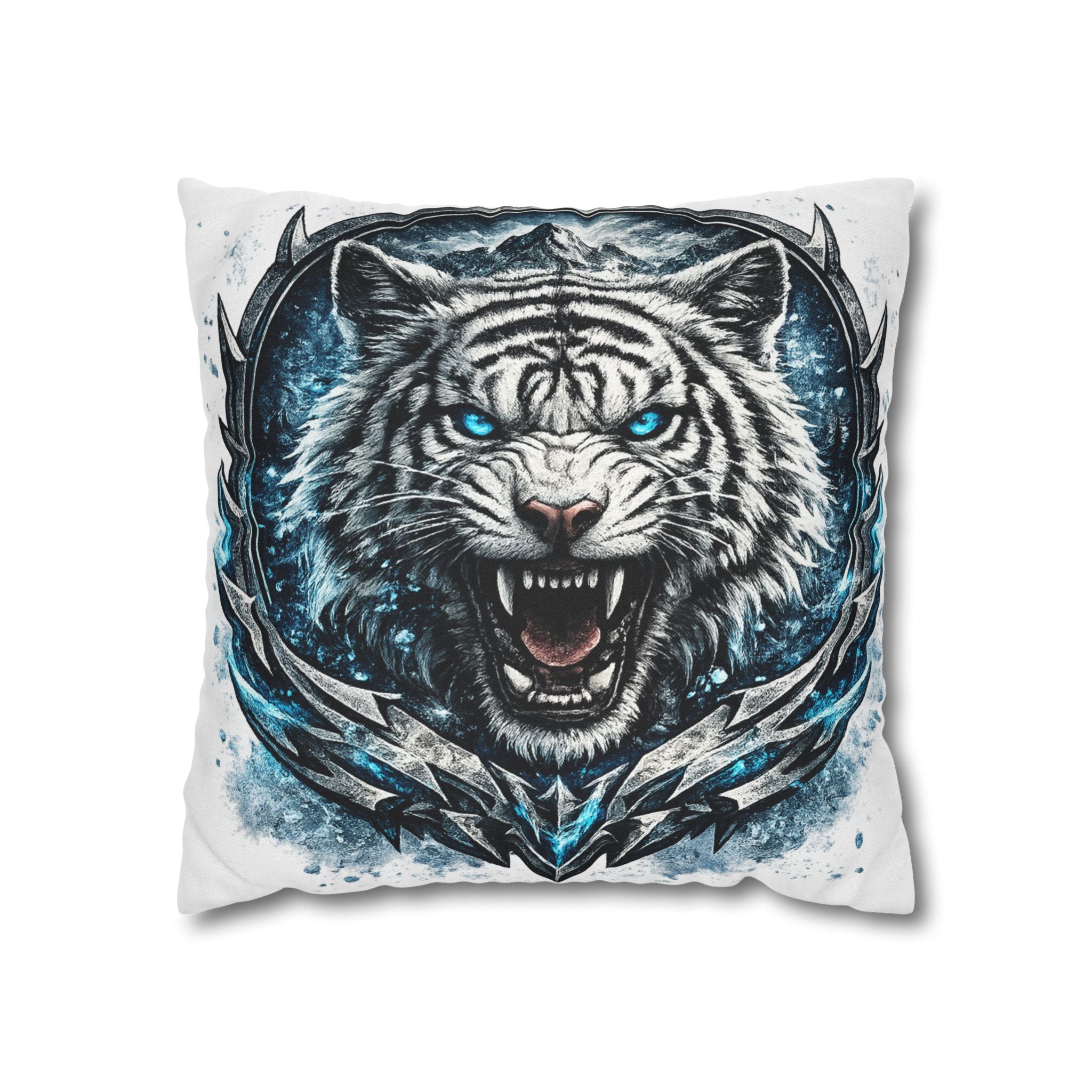 Roaring White Tiger Decorative Pillowcase — Blue Eyes Accent Throw Pillow