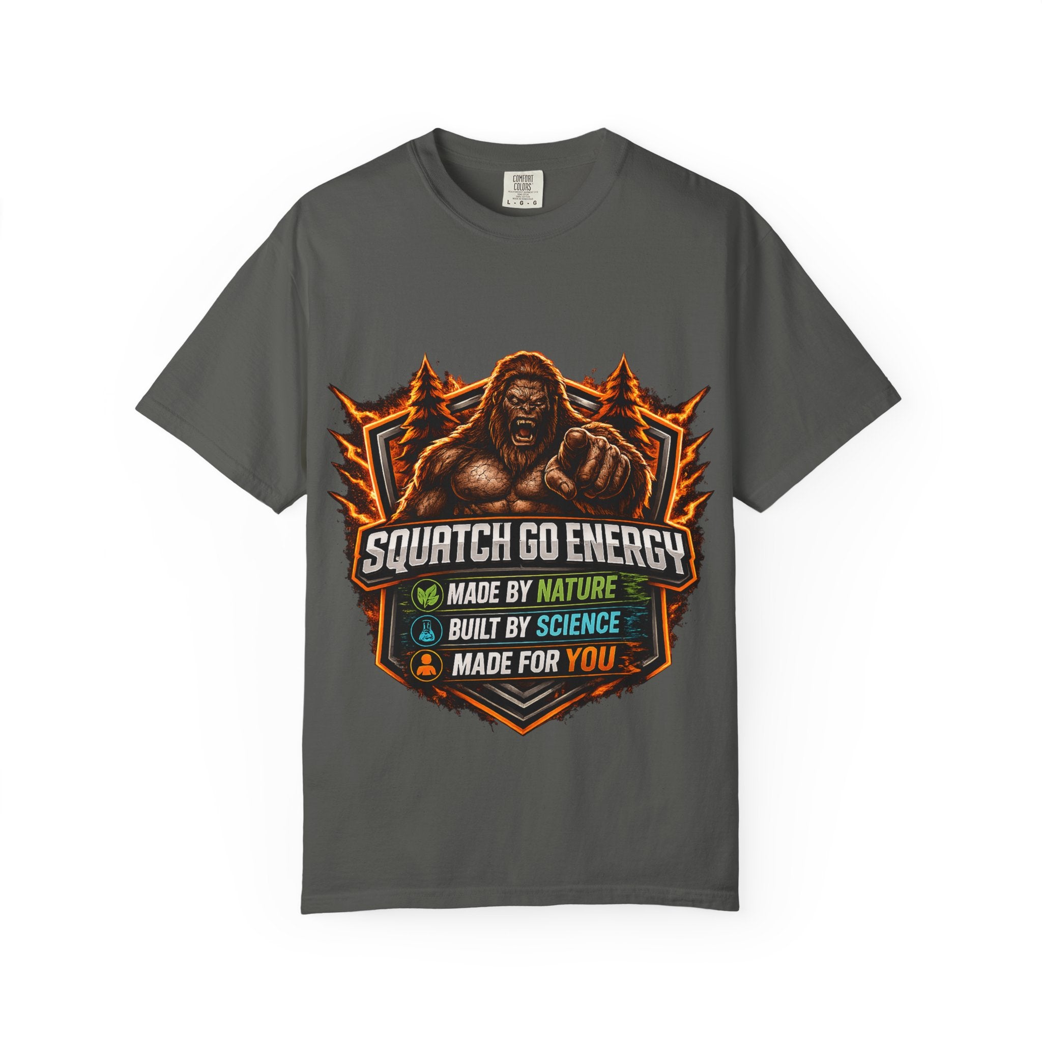 Squatch Go Energy T-Shirt — Sasquatch Vintage Badge Tee (Made by Nature • Built by Science)