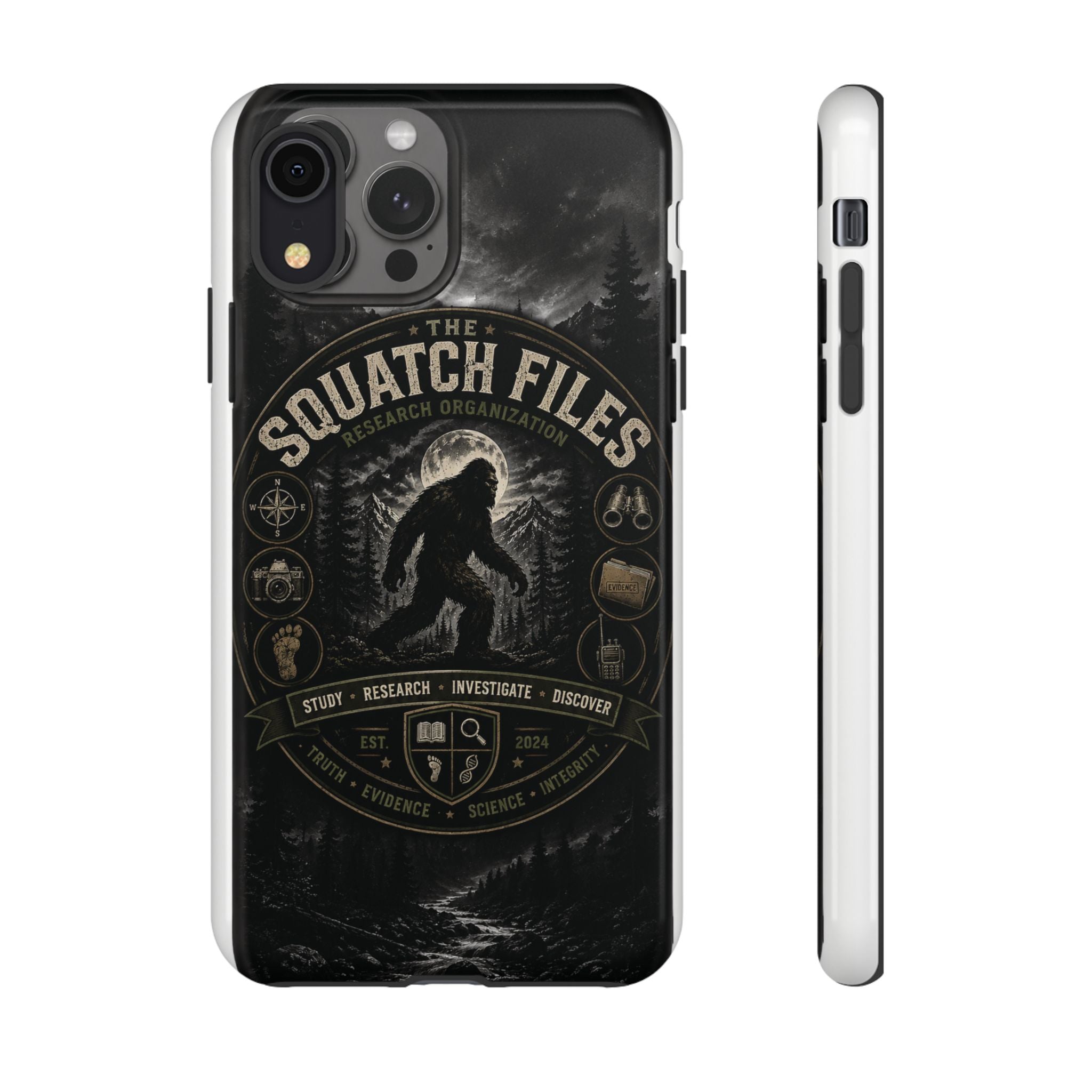 Squatch Files Research Organization Phone Case — Bigfoot Sasquatch Moonlit Forest Design