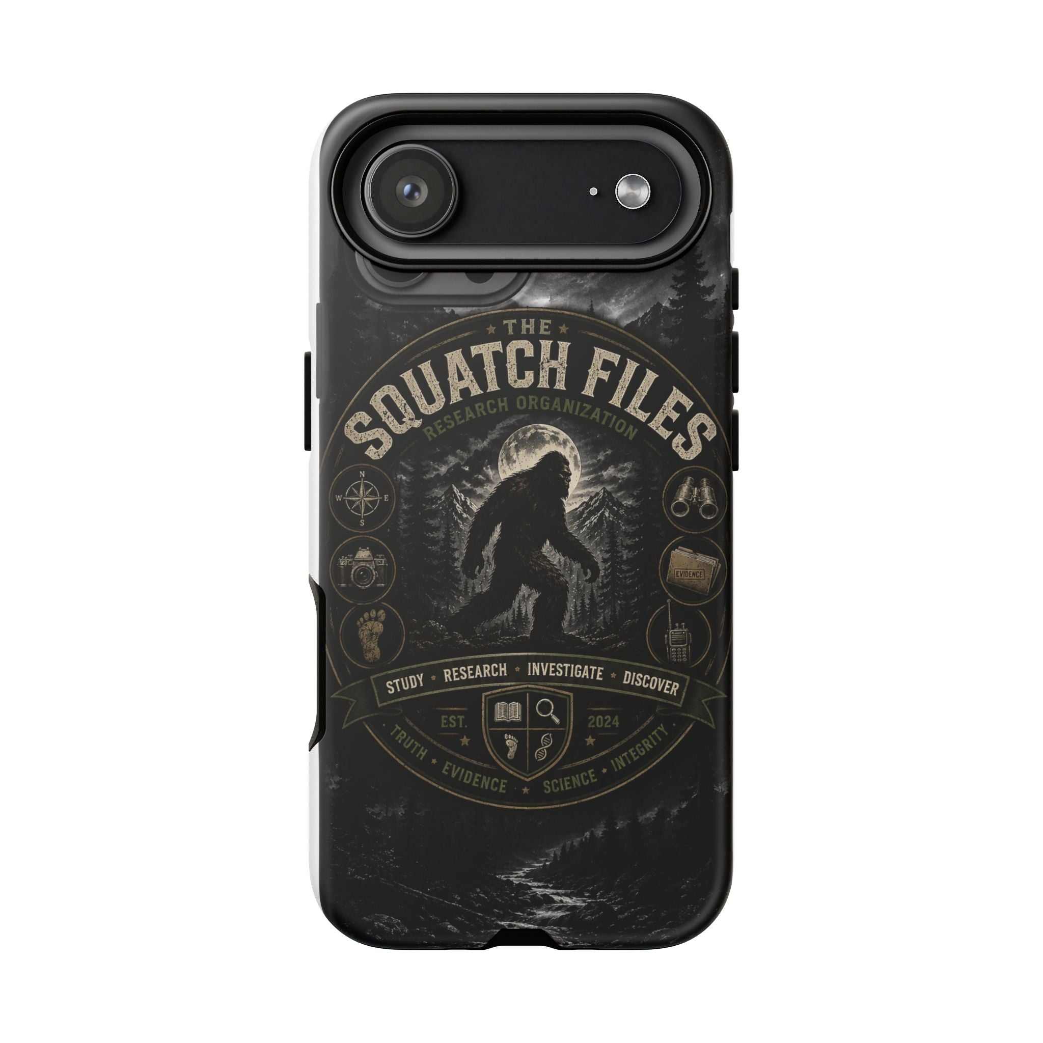Squatch Files Research Organization Phone Case — Bigfoot Sasquatch Moonlit Forest Design