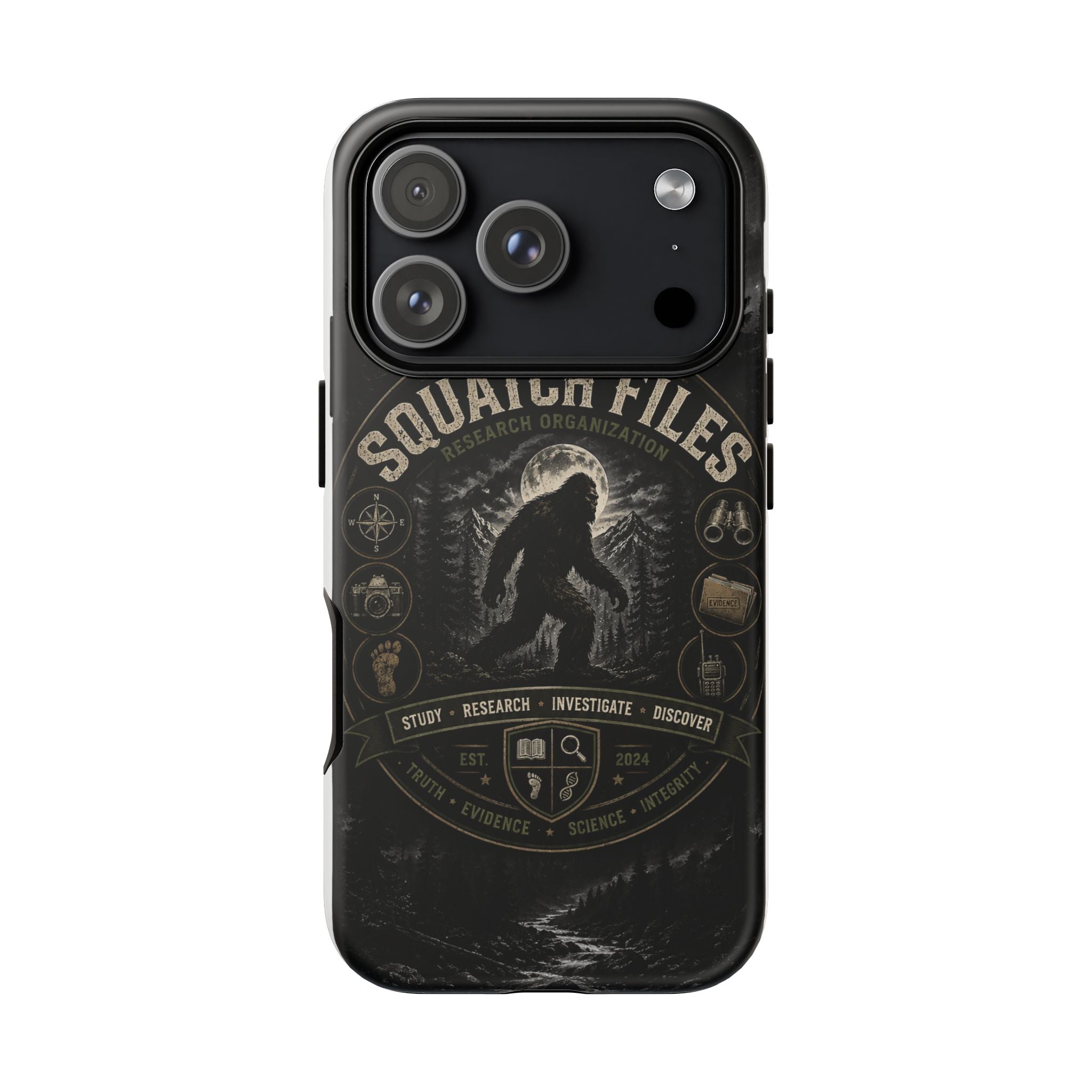 Squatch Files Research Organization Phone Case — Bigfoot Sasquatch Moonlit Forest Design
