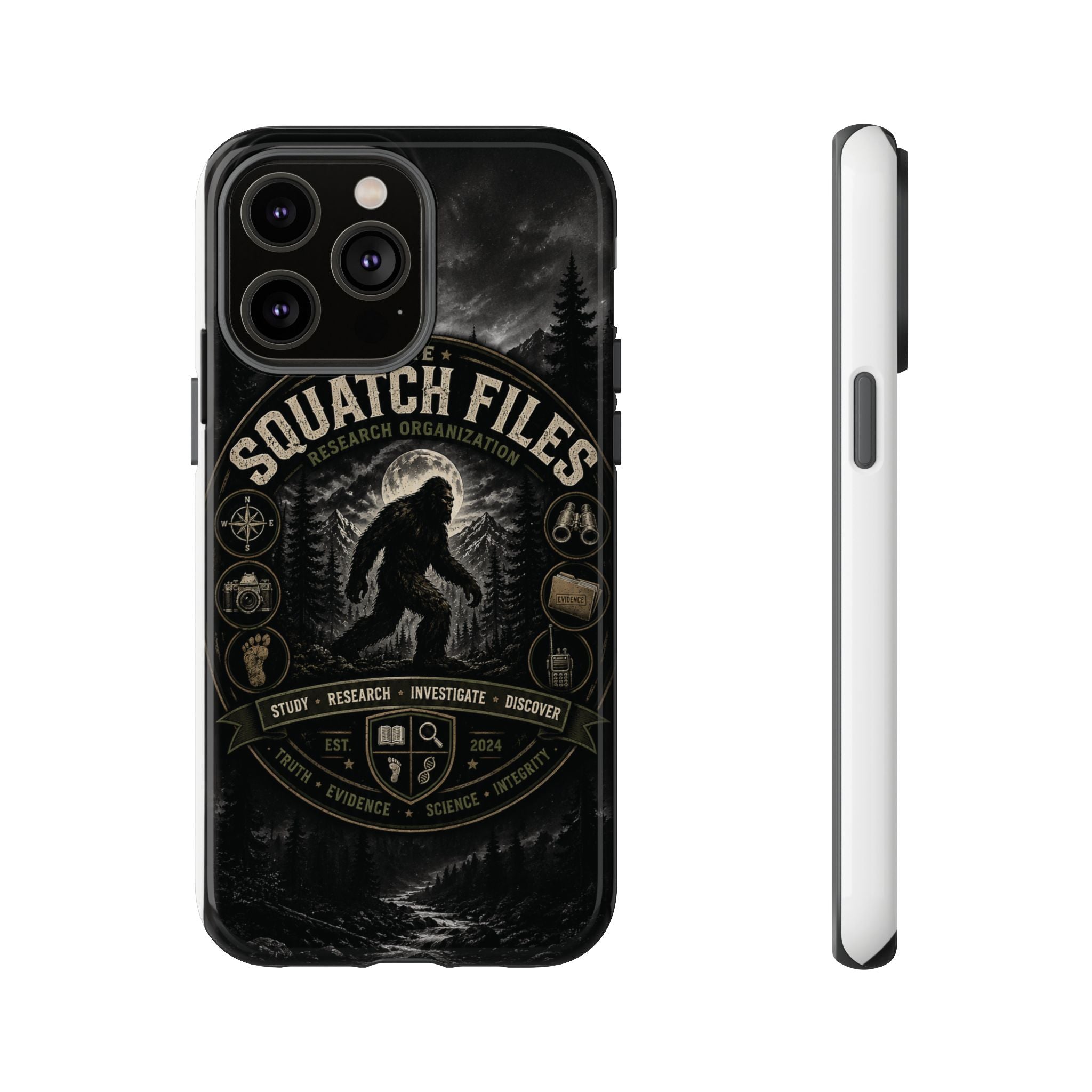 Squatch Files Research Organization Phone Case — Bigfoot Sasquatch Moonlit Forest Design