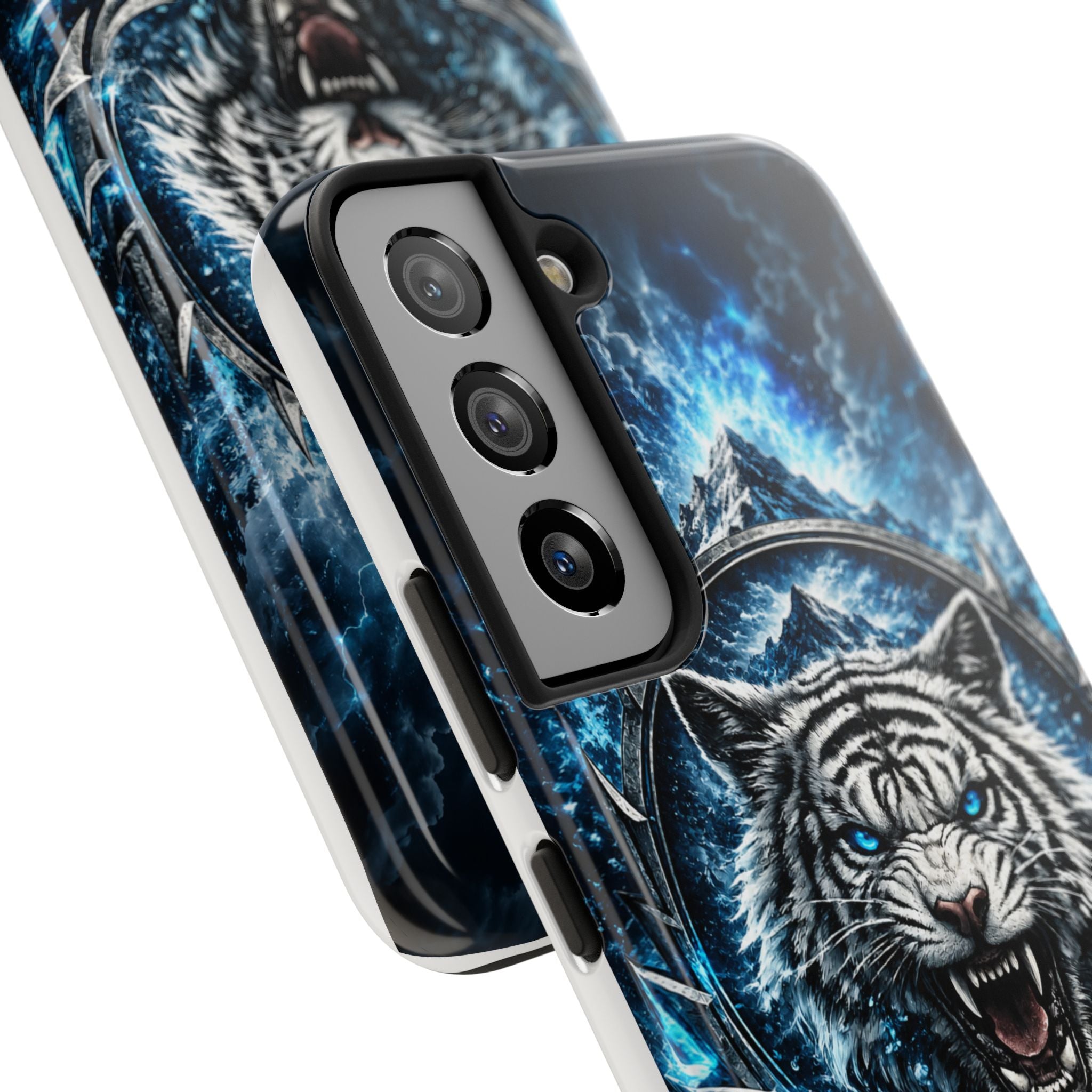 Blue White Tiger Tough Phone Case — Rugged Armor Cover with Fierce Snow Tiger Design