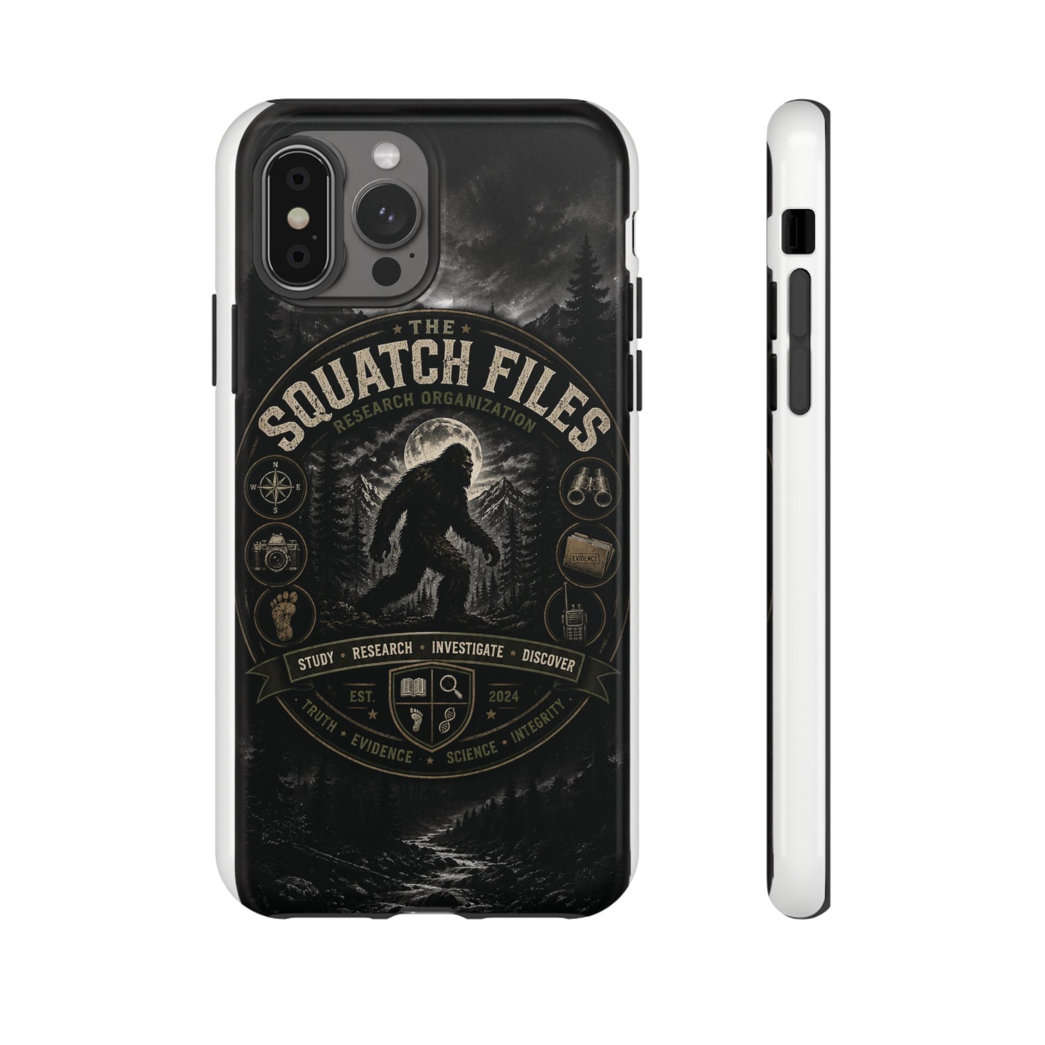 Squatch Files Research Organization Phone Case — Bigfoot Sasquatch Moonlit Forest Design