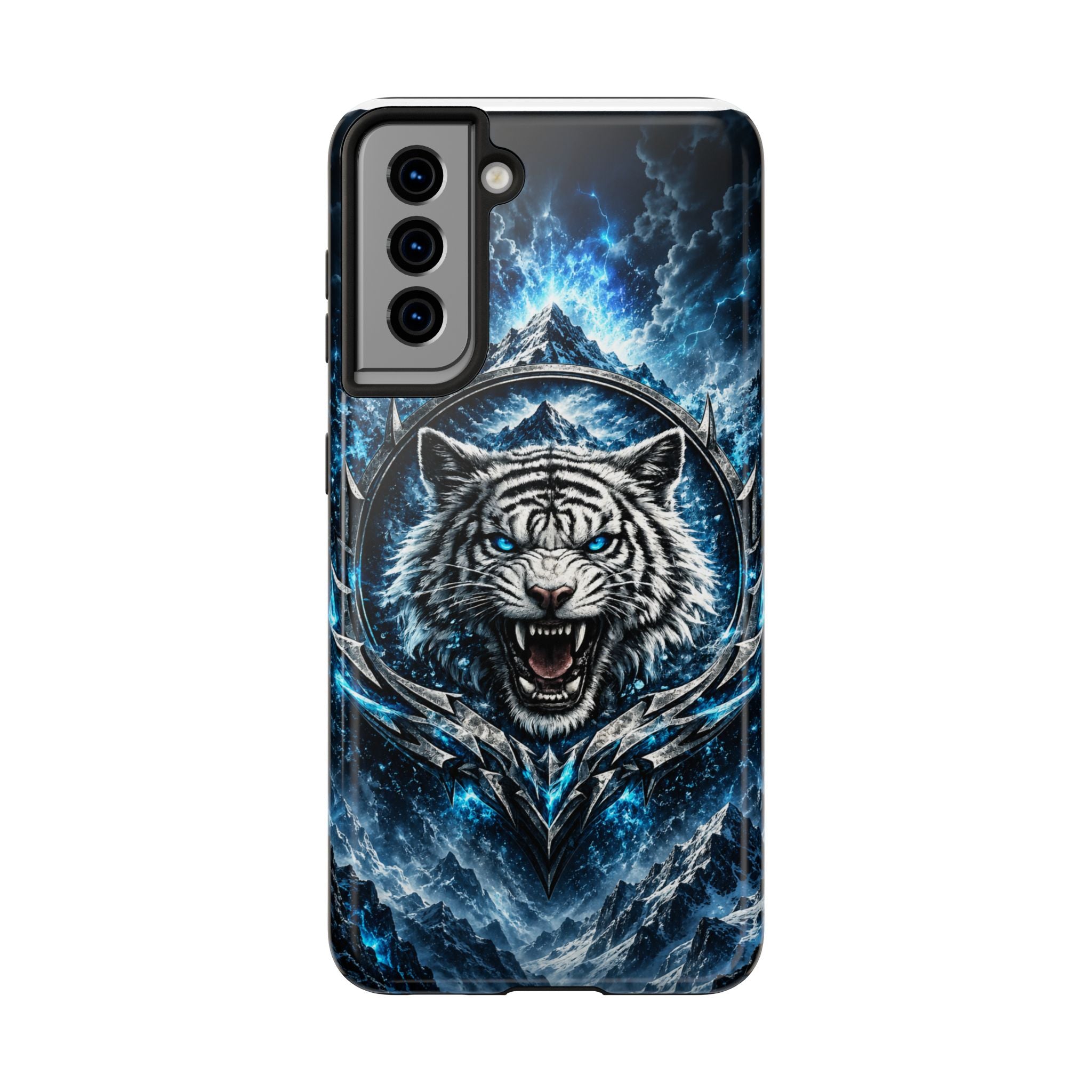 Blue White Tiger Tough Phone Case — Rugged Armor Cover with Fierce Snow Tiger Design