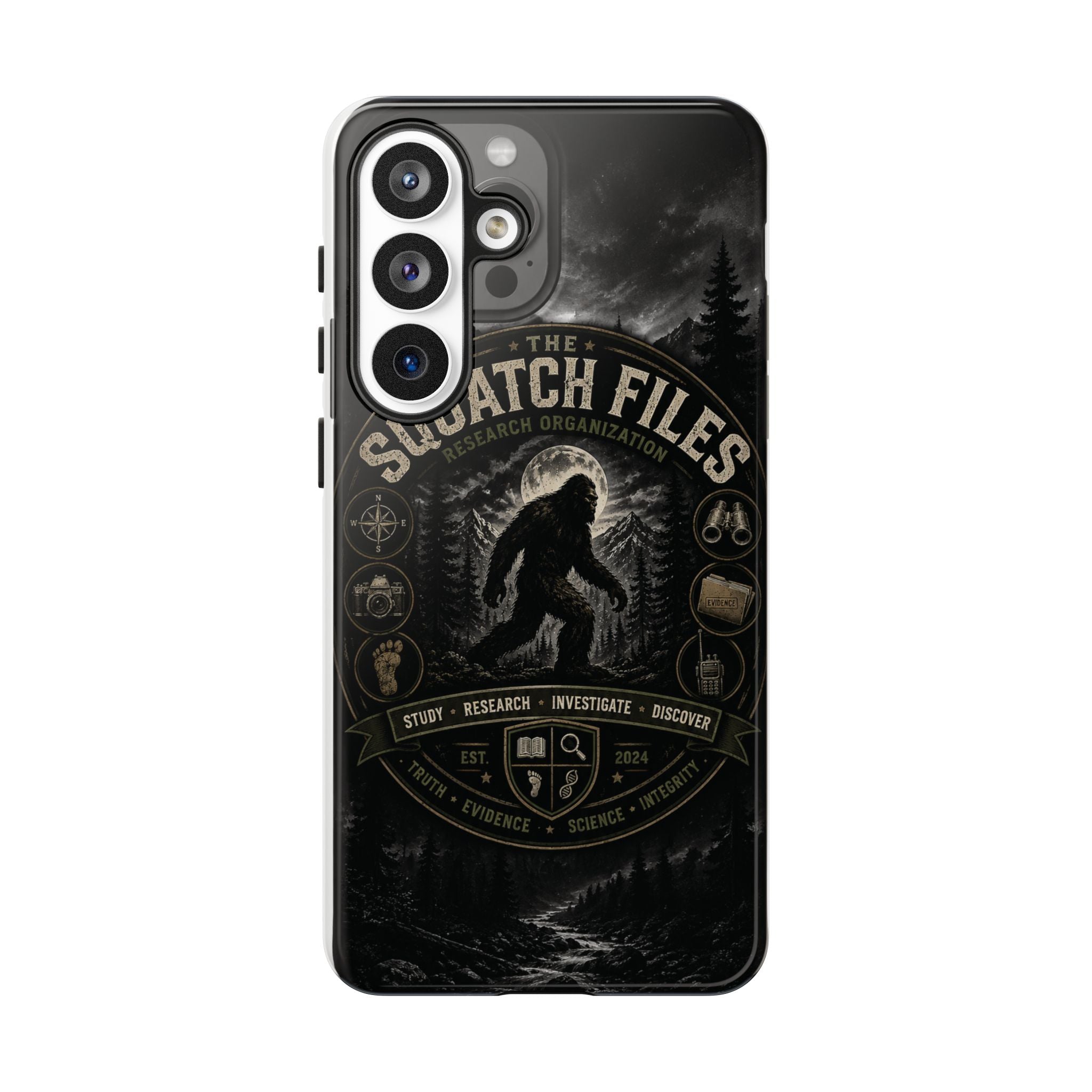 Squatch Files Research Organization Phone Case — Bigfoot Sasquatch Moonlit Forest Design