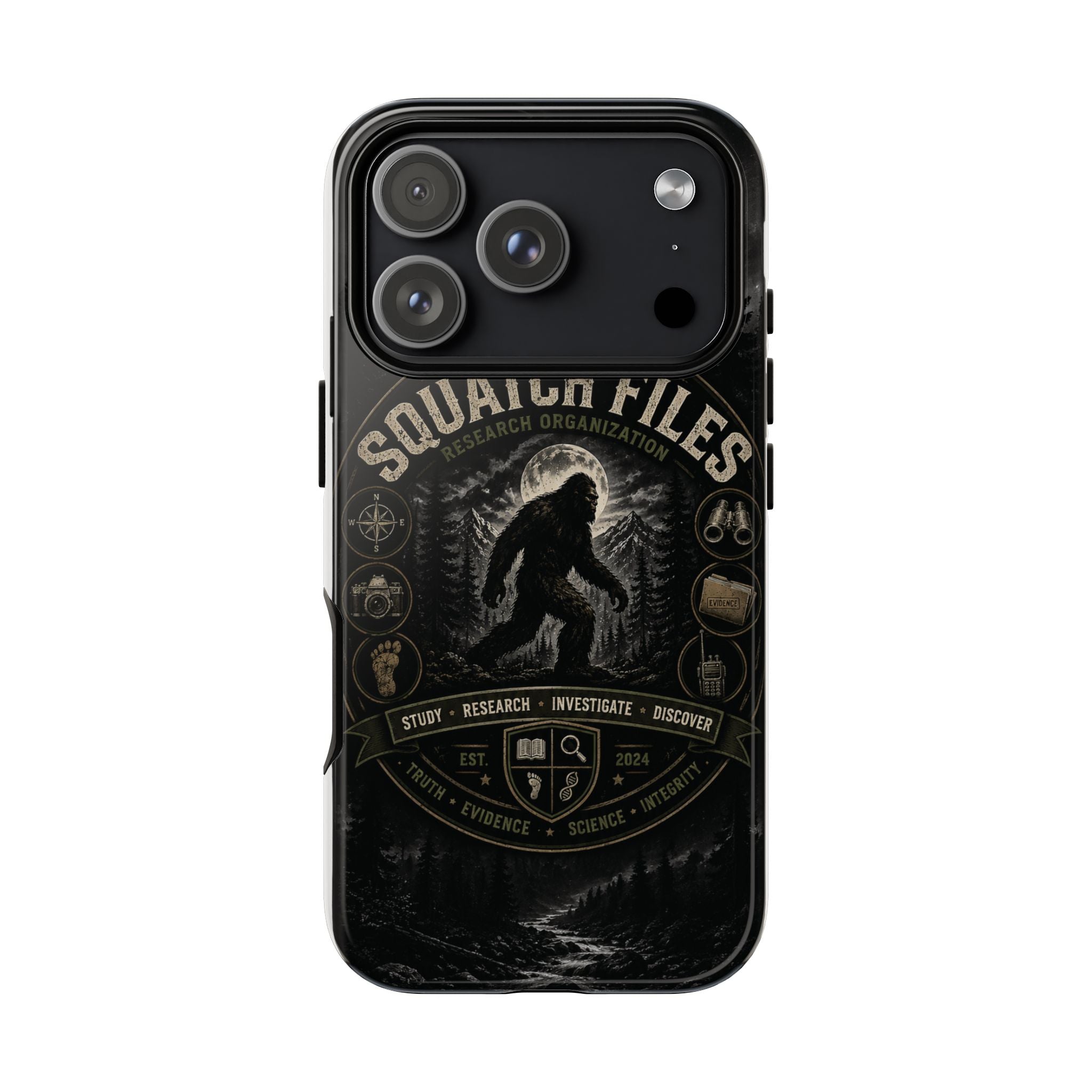 Squatch Files Research Organization Phone Case — Bigfoot Sasquatch Moonlit Forest Design