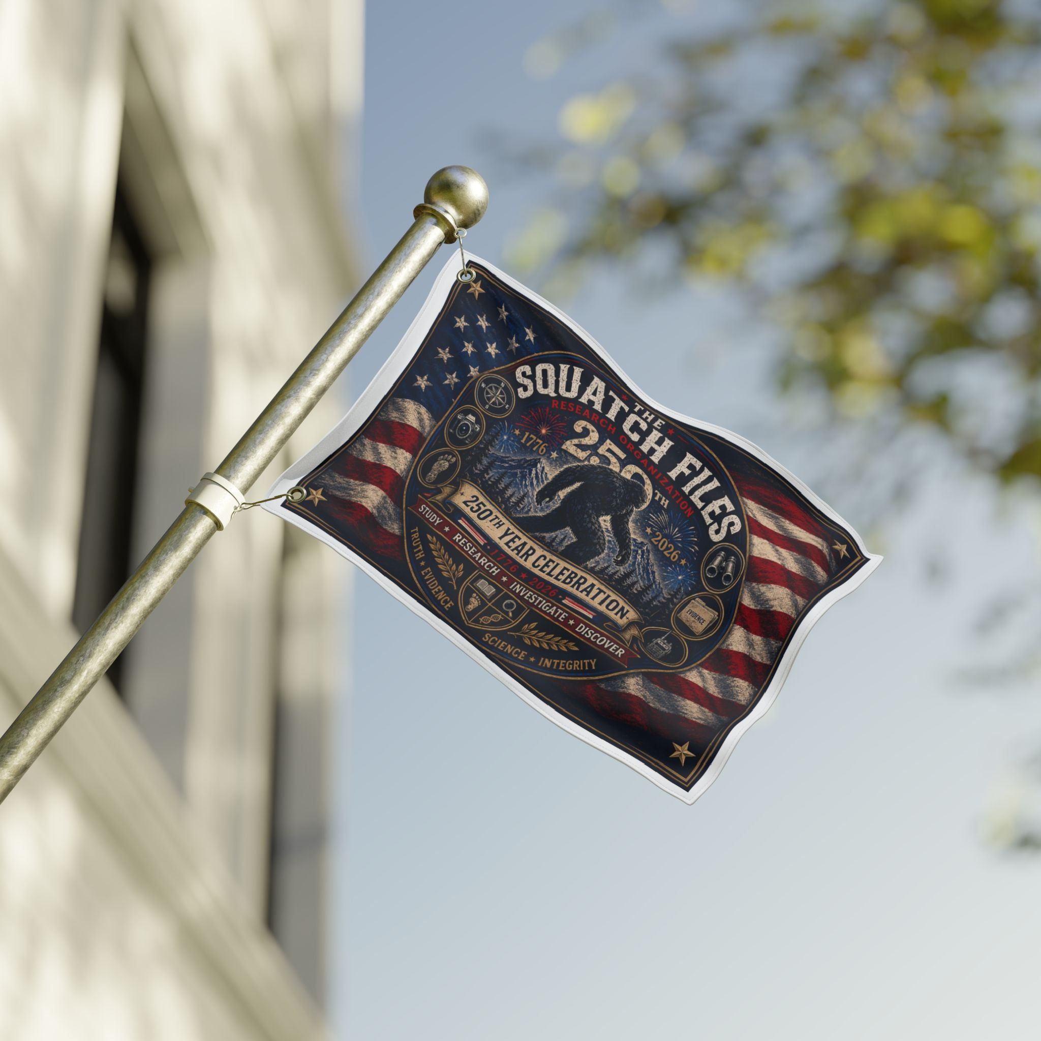 Squatch Files 250th Celebration Flag — Double-Sided Bigfoot Banner
