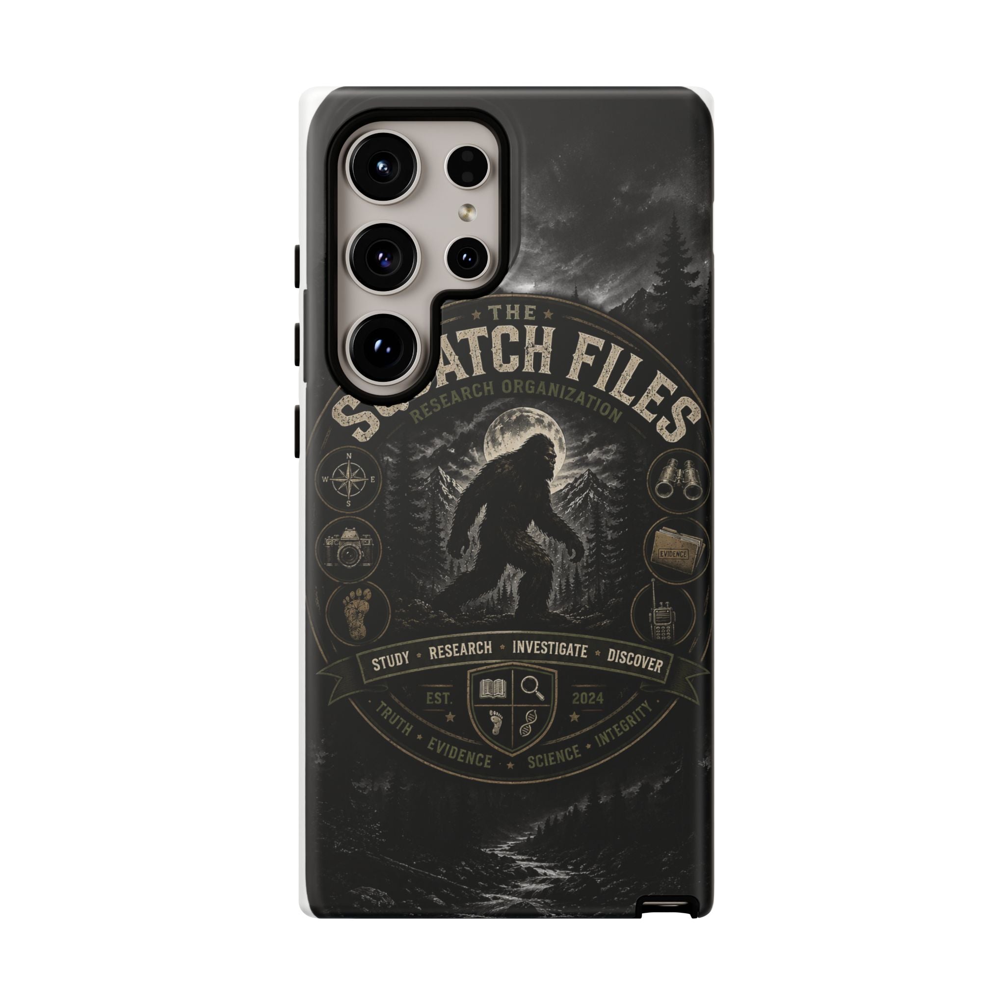 Squatch Files Research Organization Phone Case — Bigfoot Sasquatch Moonlit Forest Design