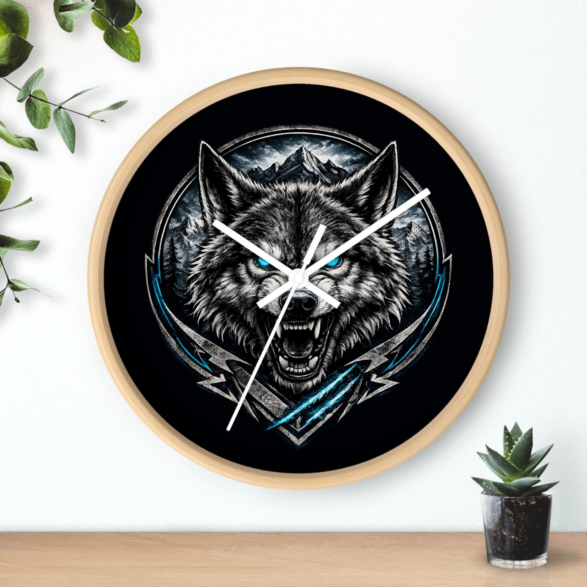 Howling Wolf Wall Clock — Fierce Blue-Eyed Wolf Cabin Decor