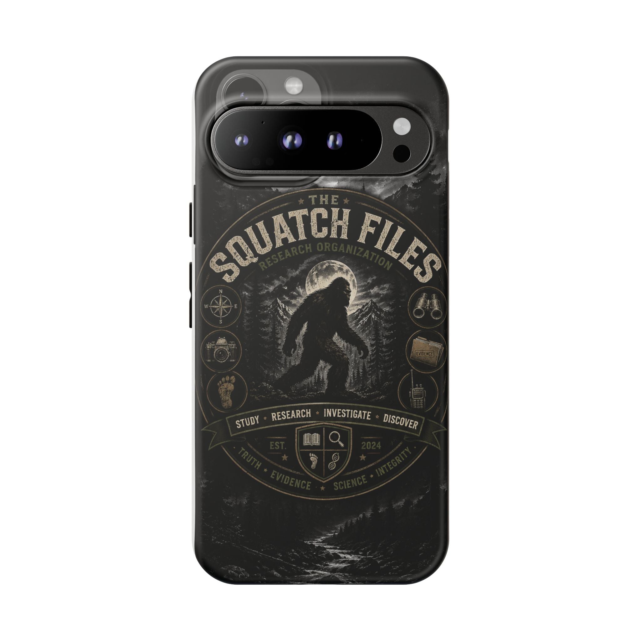 Squatch Files Research Organization Phone Case — Bigfoot Sasquatch Moonlit Forest Design