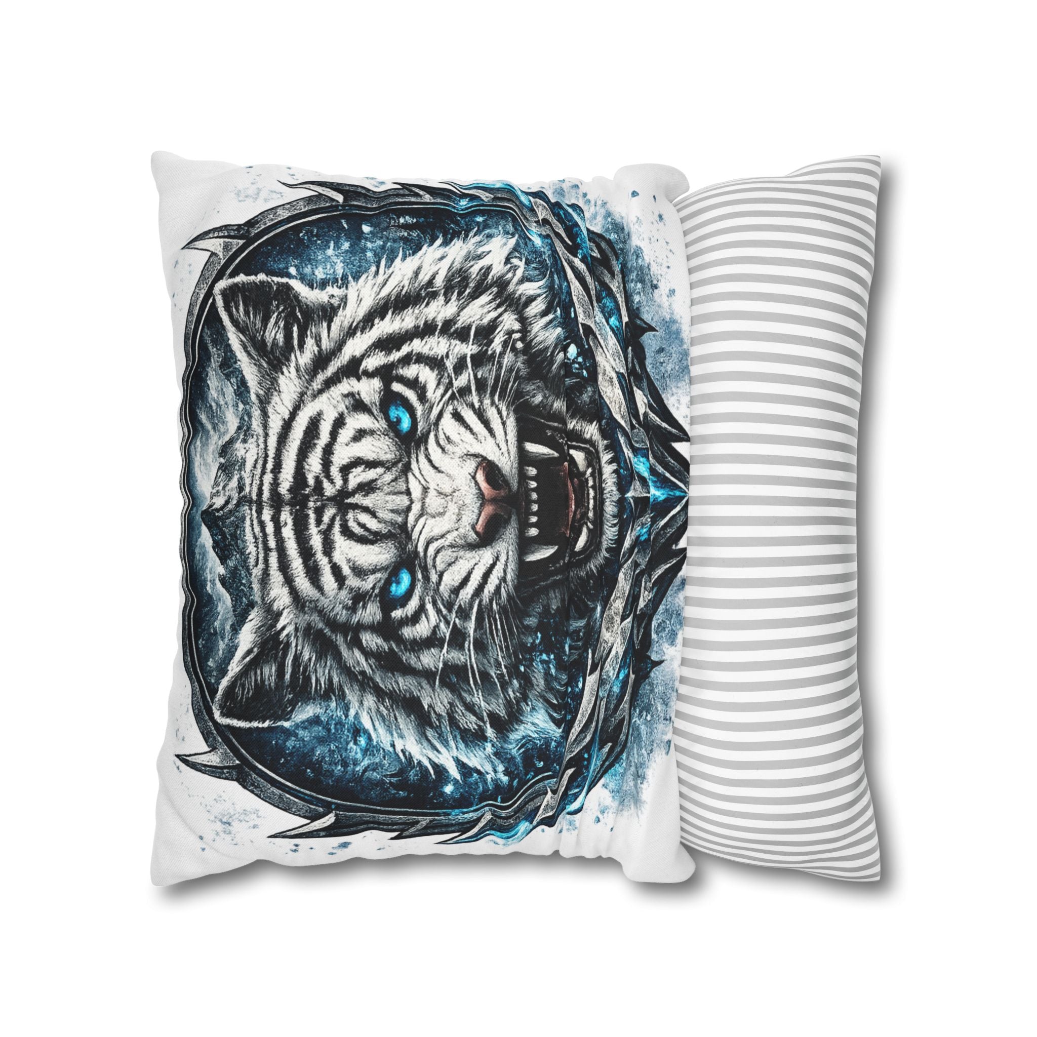 Roaring White Tiger Decorative Pillowcase — Blue Eyes Accent Throw Pillow