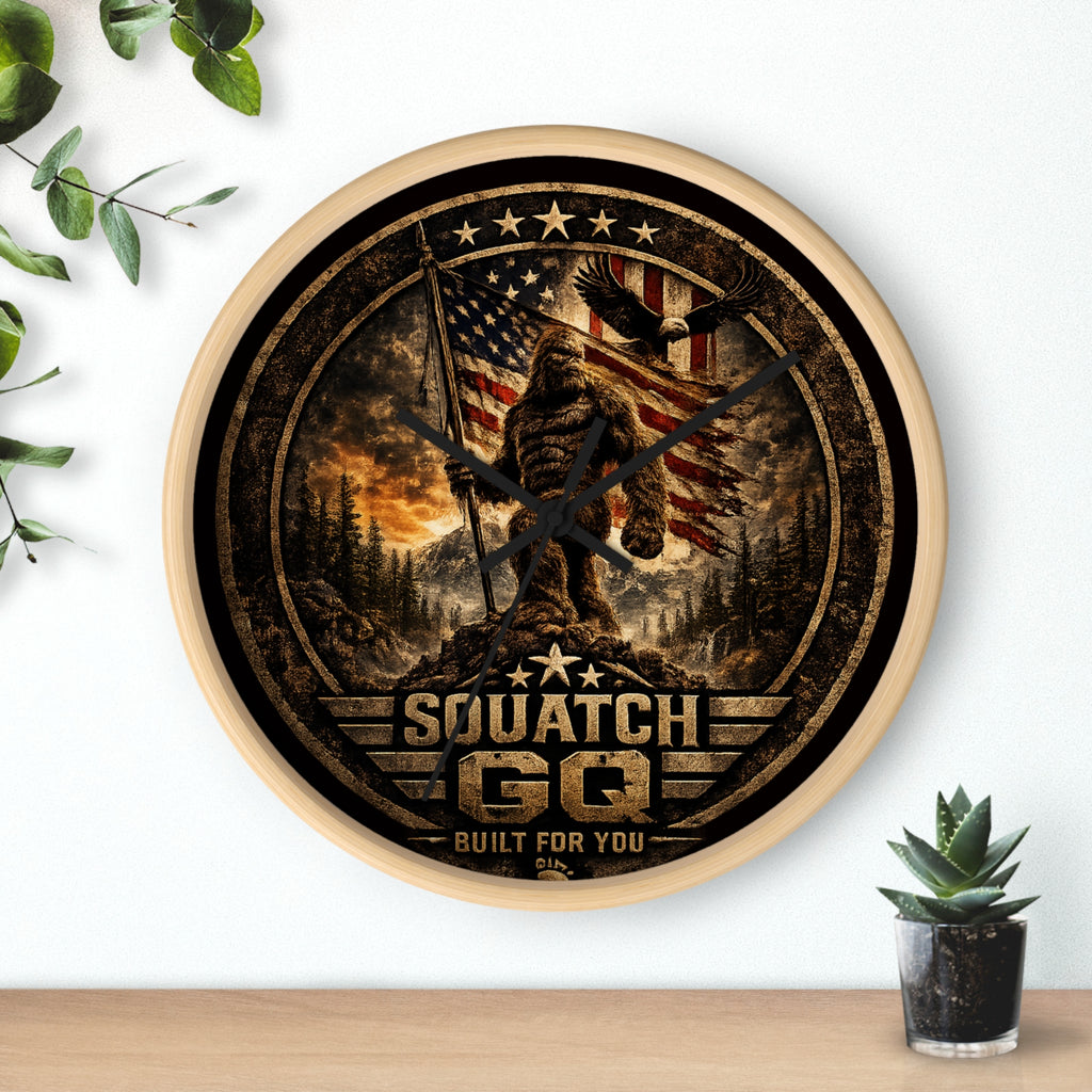 Squatch GQ Rustic Bigfoot Wall Clock — Patriotic American Cabin Decor