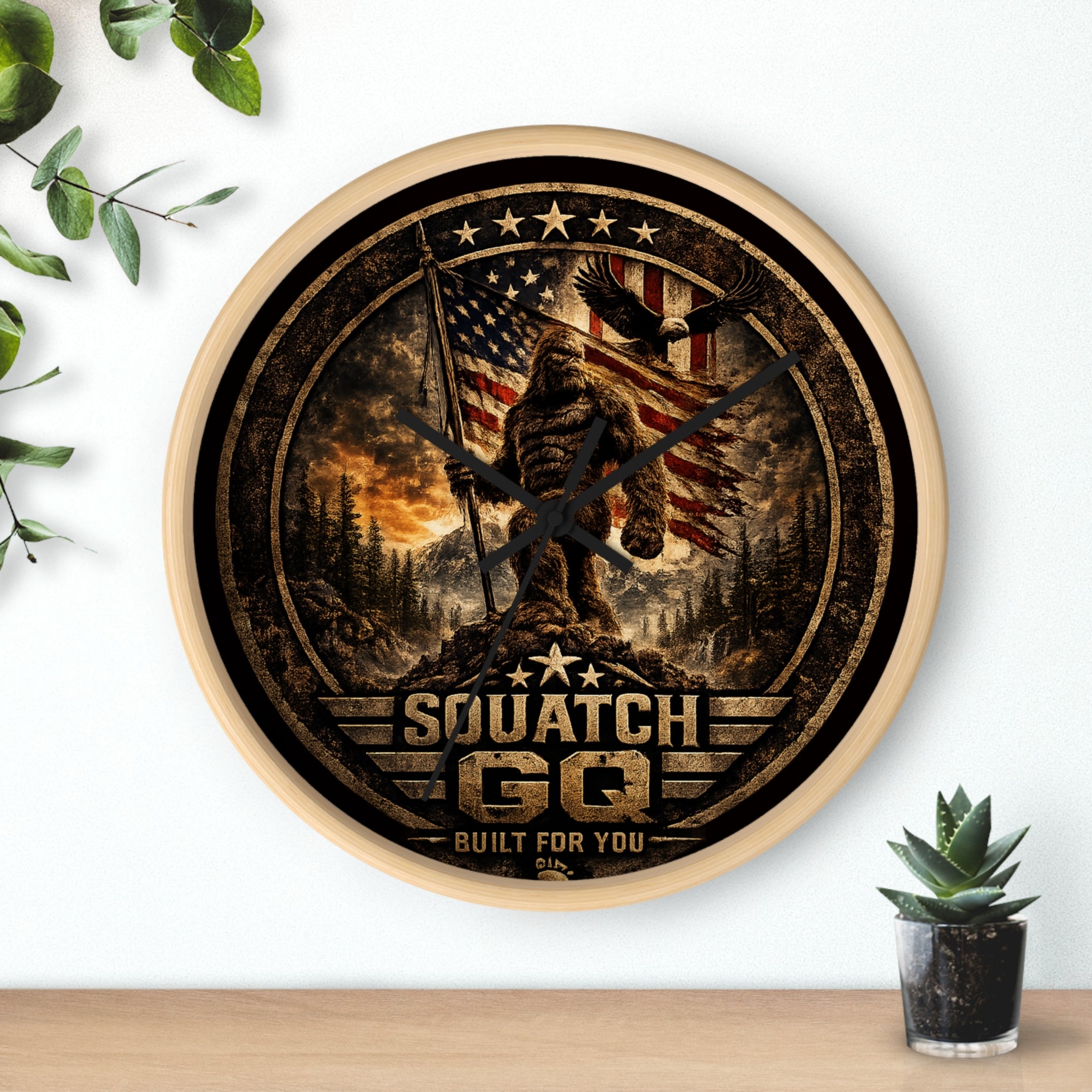 Squatch GQ Rustic Bigfoot Wall Clock — Patriotic American Cabin Decor