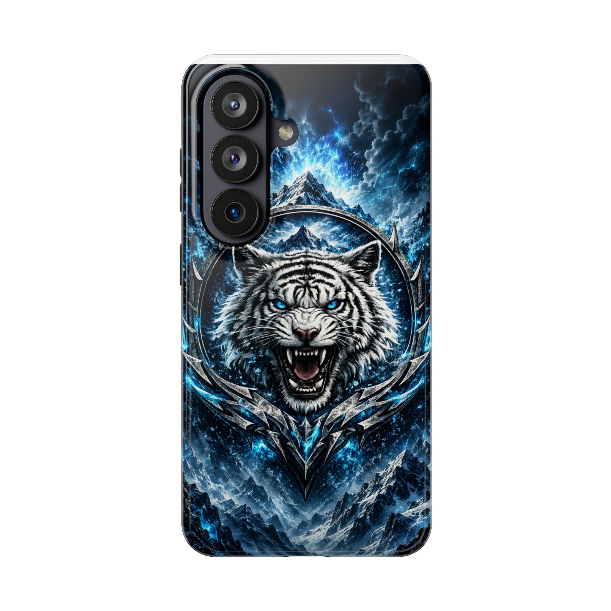 Blue White Tiger Tough Phone Case — Rugged Armor Cover with Fierce Snow Tiger Design