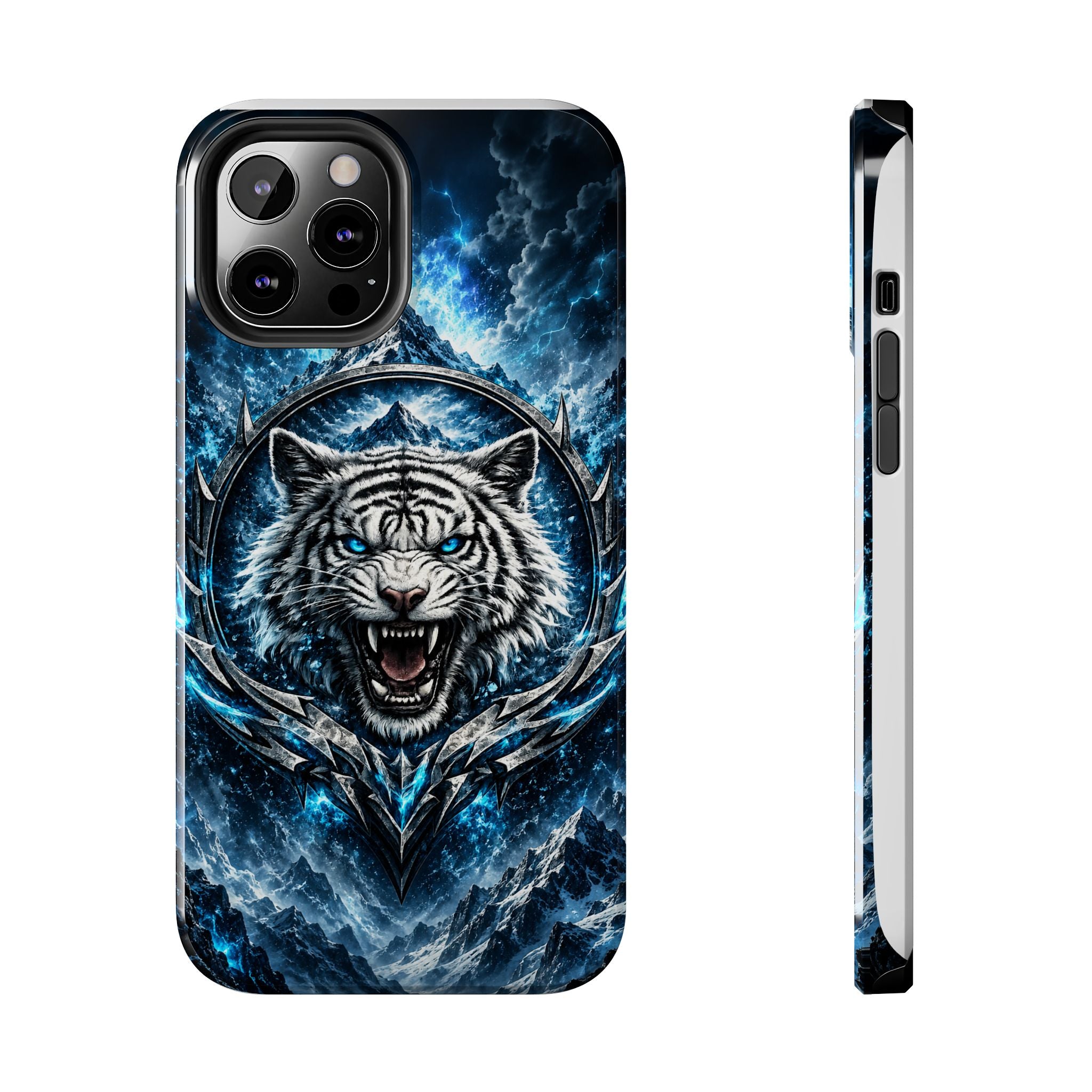 Blue White Tiger Tough Phone Case — Rugged Armor Cover with Fierce Snow Tiger Design