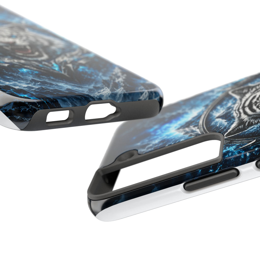 Blue White Tiger Tough Phone Case — Rugged Armor Cover with Fierce Snow Tiger Design