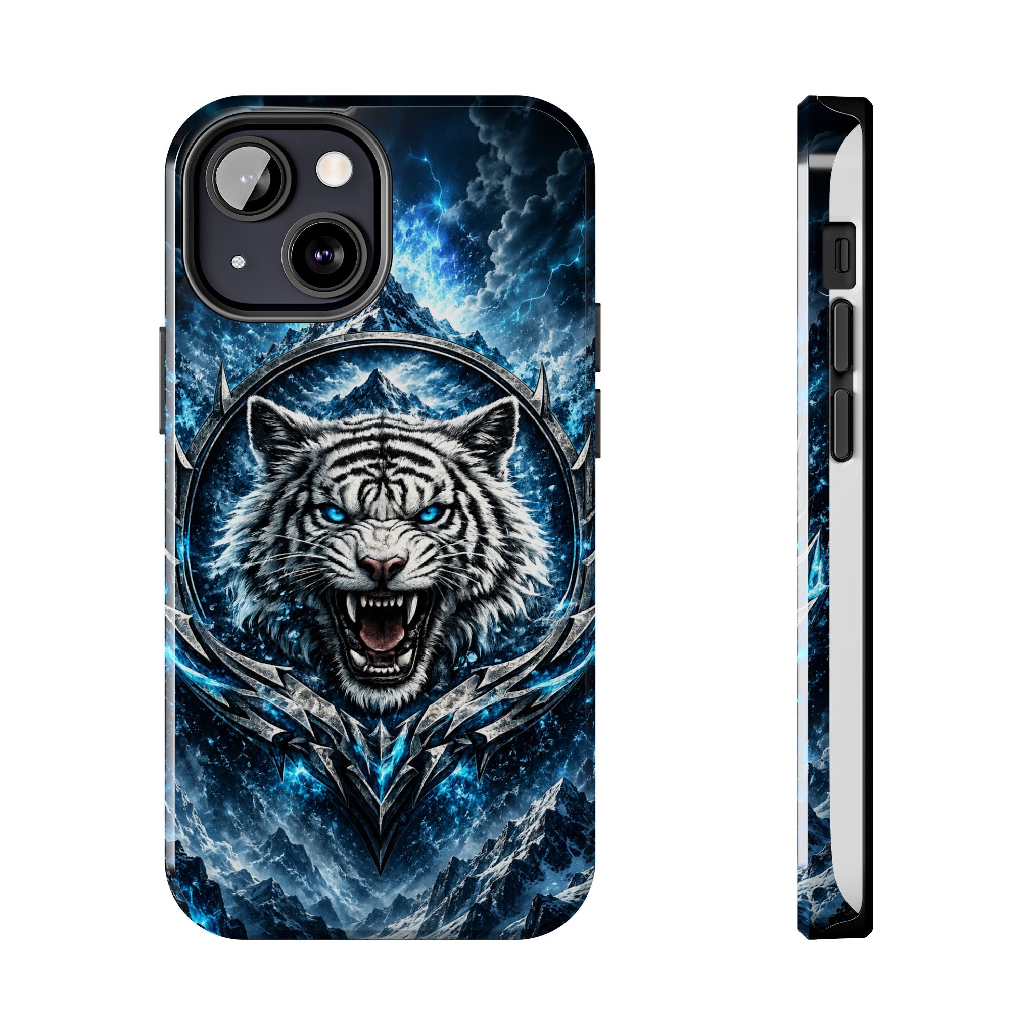 Blue White Tiger Tough Phone Case — Rugged Armor Cover with Fierce Snow Tiger Design