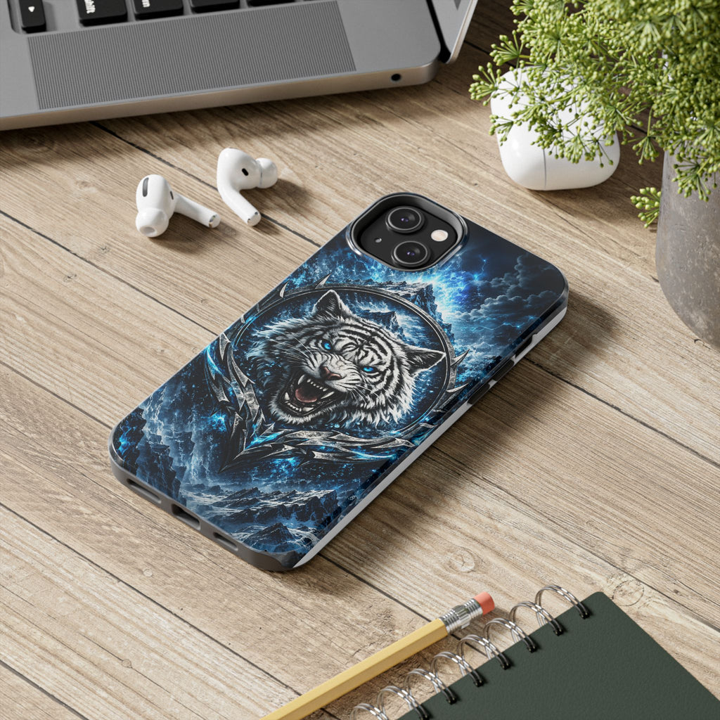 Blue White Tiger Tough Phone Case — Rugged Armor Cover with Fierce Snow Tiger Design