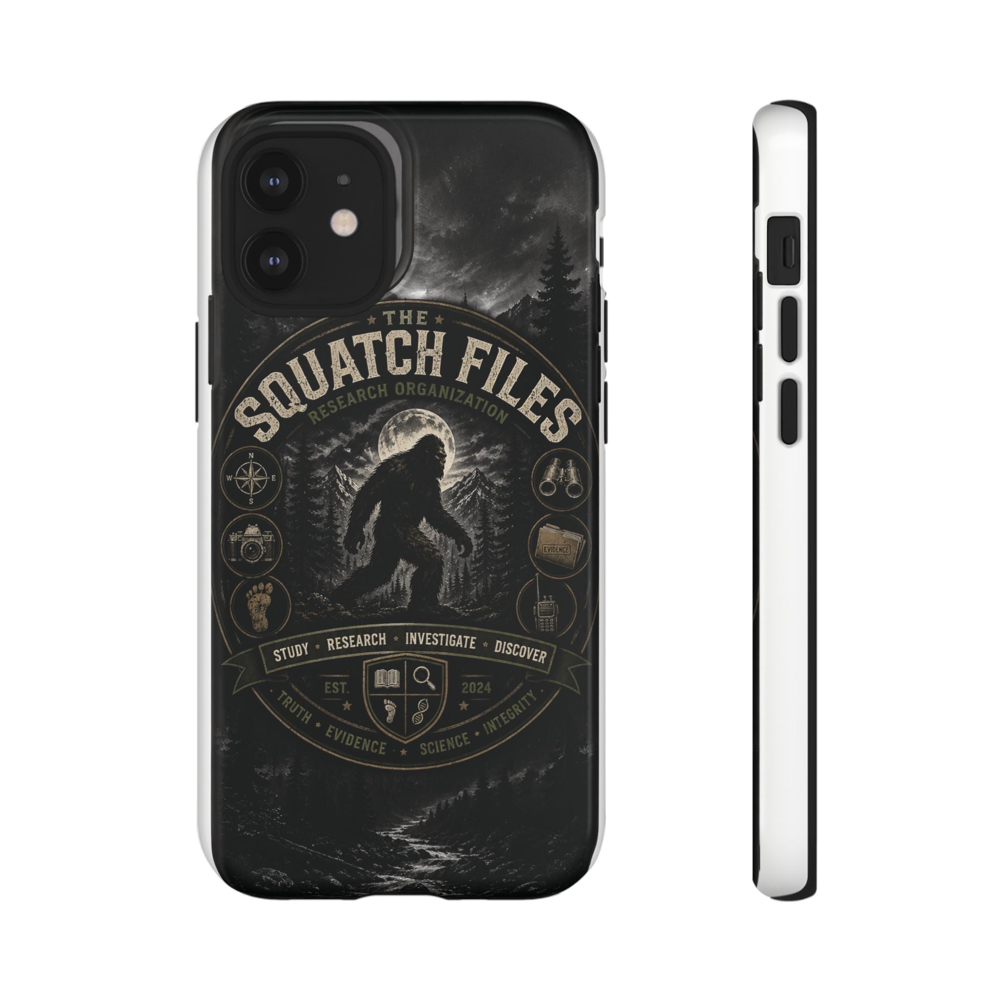 Squatch Files Research Organization Phone Case — Bigfoot Sasquatch Moonlit Forest Design
