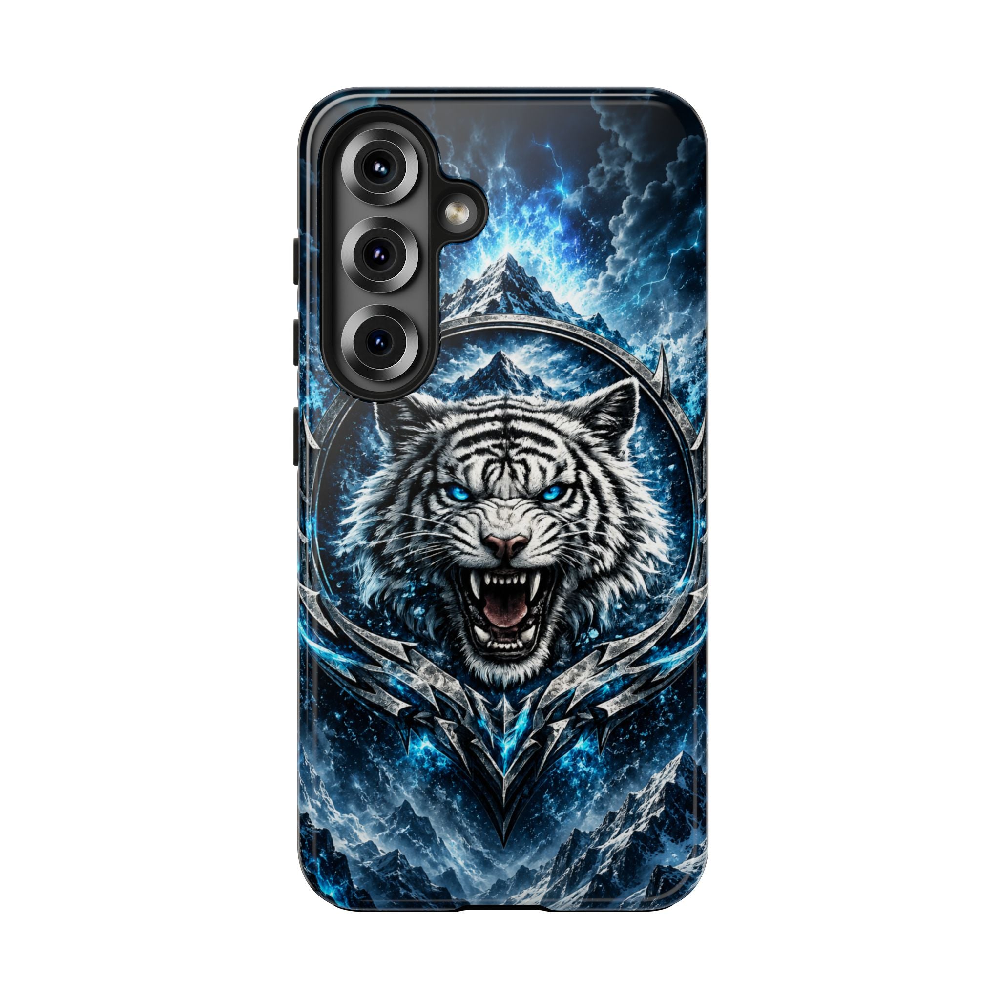 Blue White Tiger Tough Phone Case — Rugged Armor Cover with Fierce Snow Tiger Design