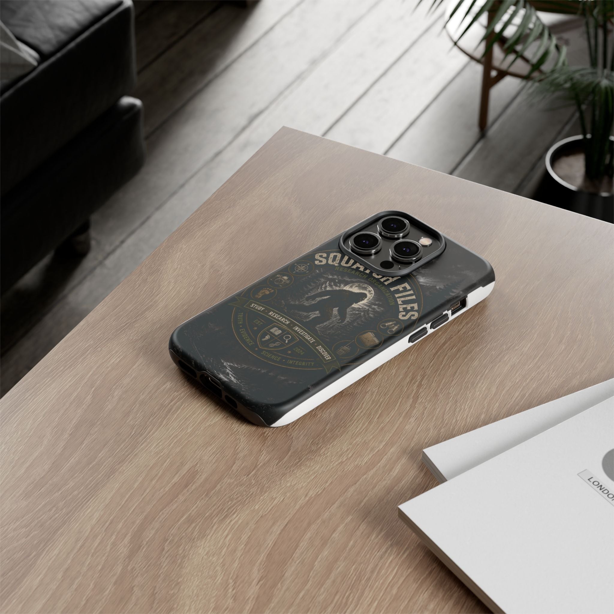 Squatch Files Research Organization Phone Case — Bigfoot Sasquatch Moonlit Forest Design
