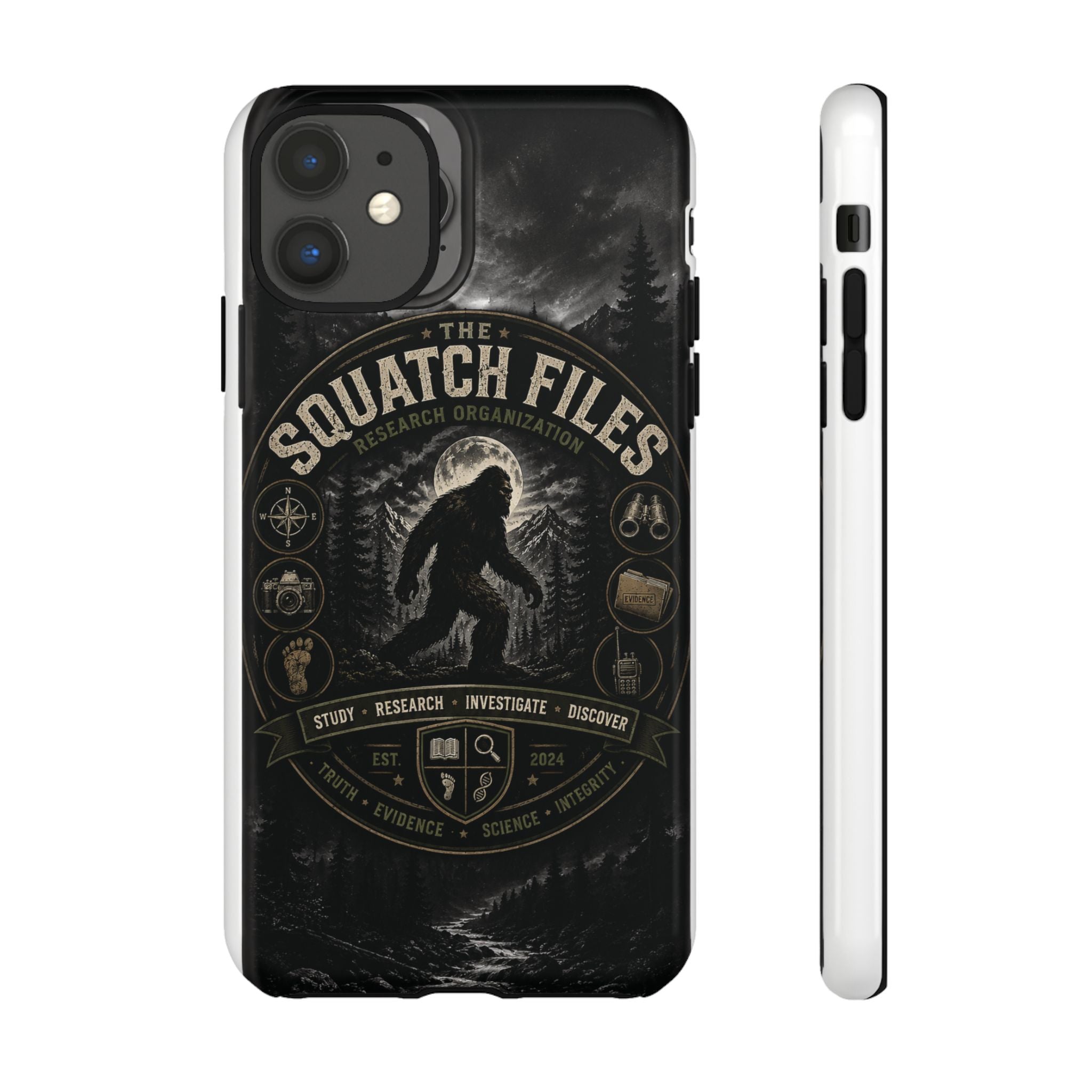 Squatch Files Research Organization Phone Case — Bigfoot Sasquatch Moonlit Forest Design