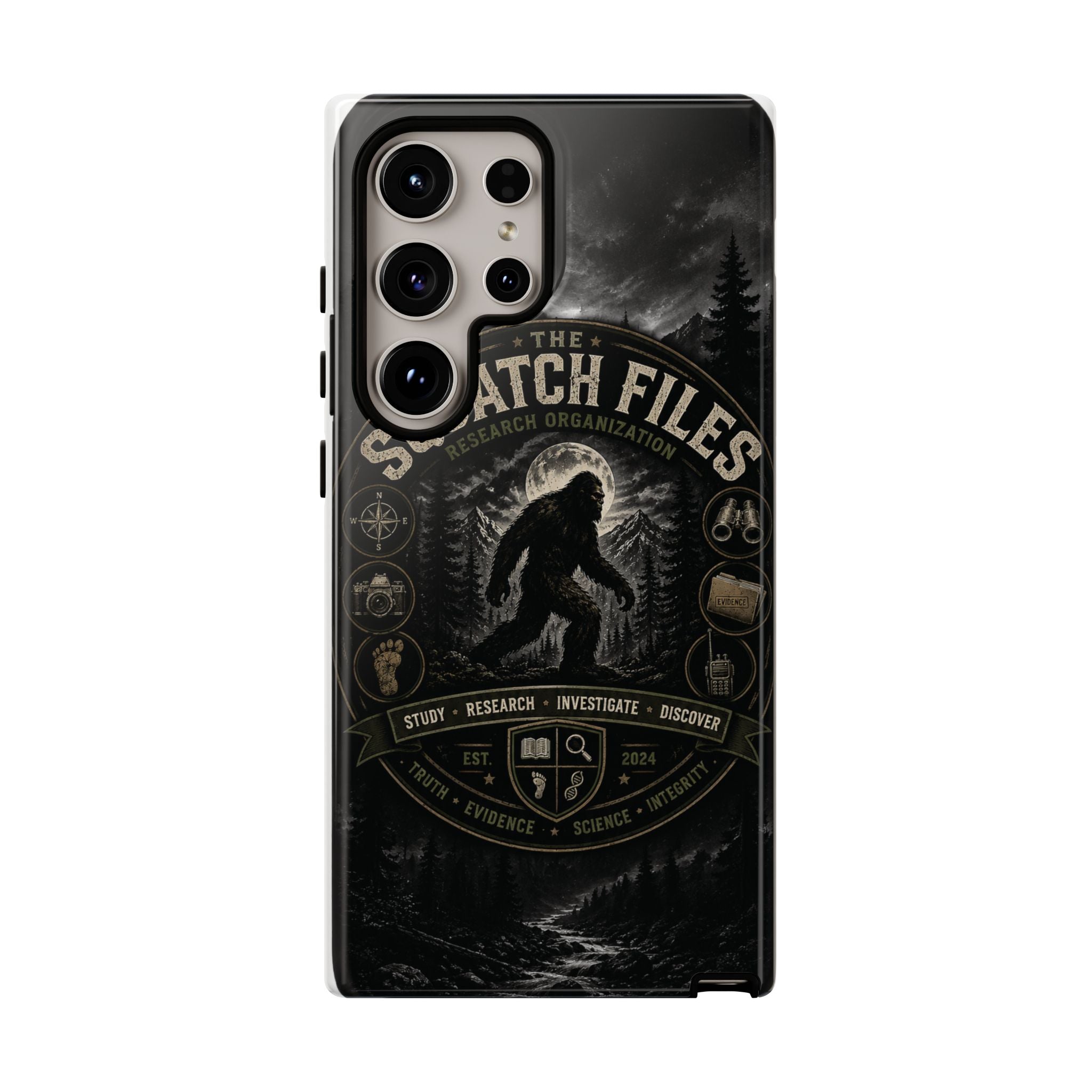 Squatch Files Research Organization Phone Case — Bigfoot Sasquatch Moonlit Forest Design