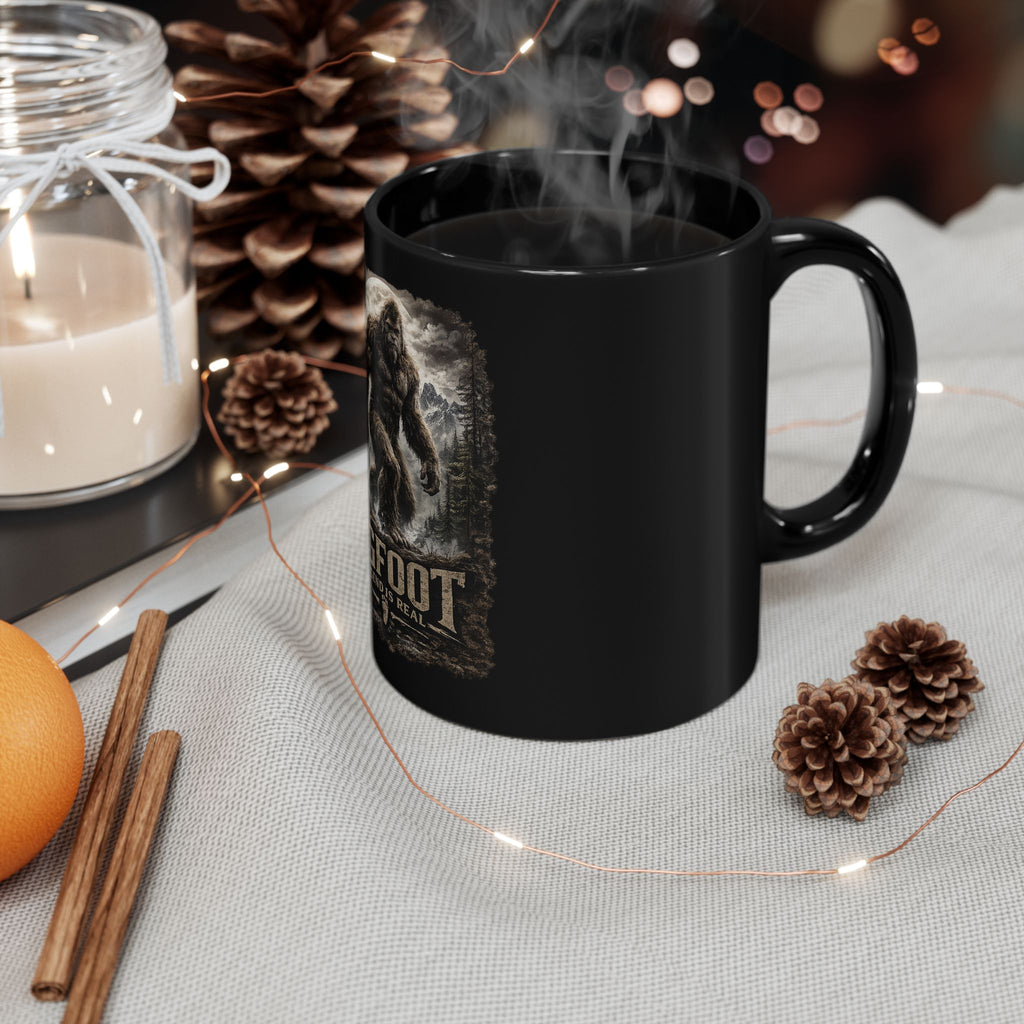 Bigfoot Legend Is Real Black Coffee Mug — Sasquatch Woodland Adventure 11oz/15oz