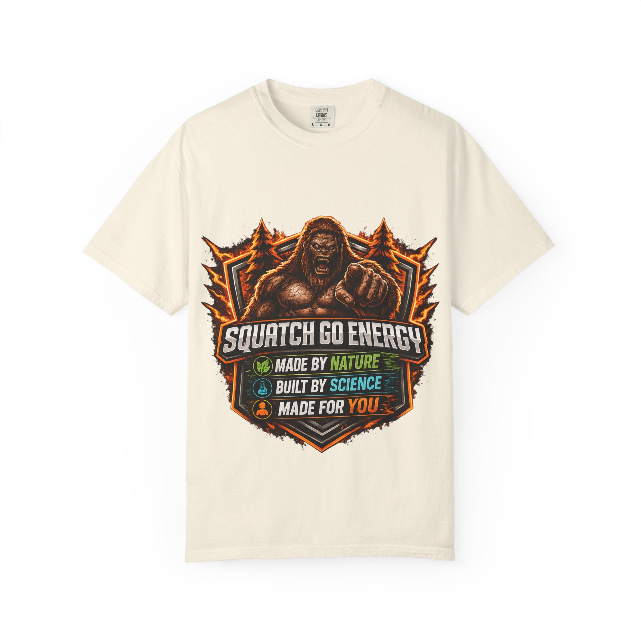 Squatch Go Energy T-Shirt — Sasquatch Vintage Badge Tee (Made by Nature • Built by Science)