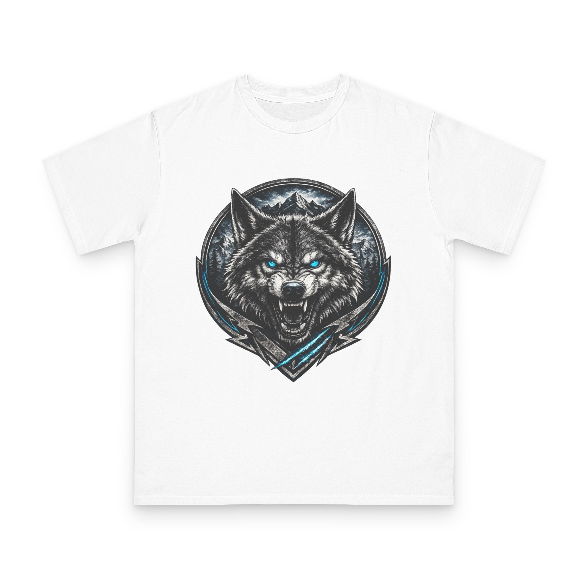 Wolf Head Graphic T-Shirt — Fierce Blue-Eyed Wolf Crest Tee