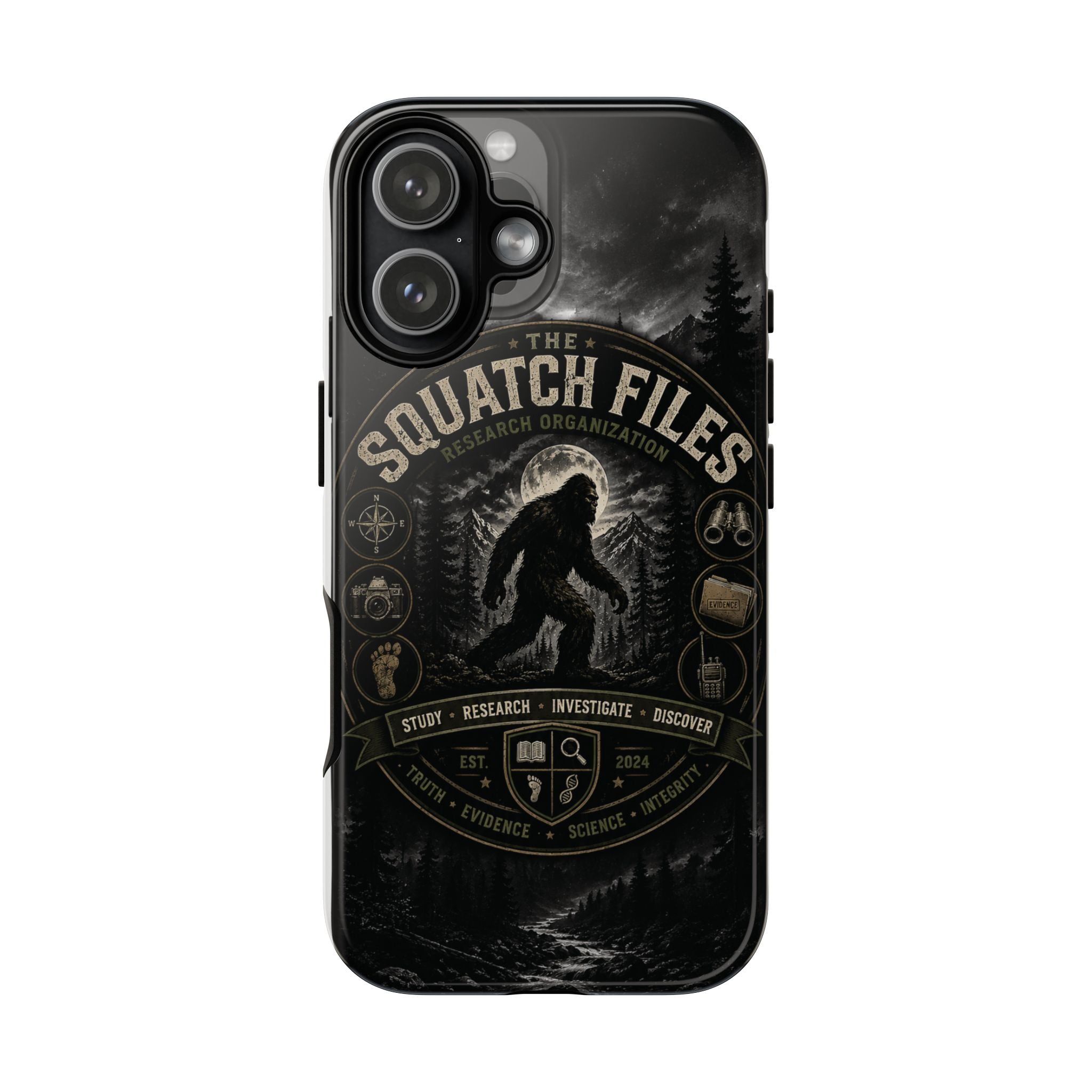 Squatch Files Research Organization Phone Case — Bigfoot Sasquatch Moonlit Forest Design