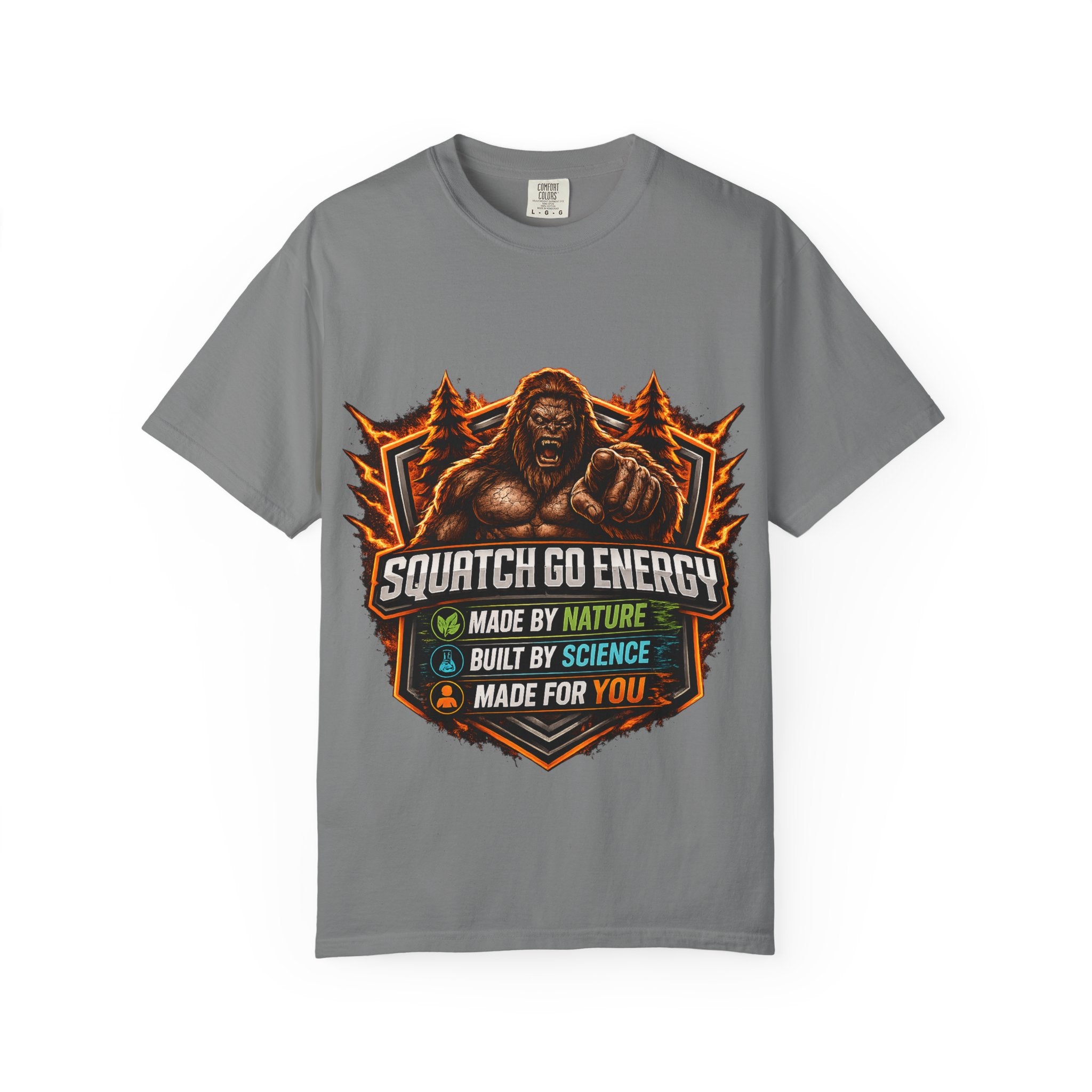 Squatch Go Energy T-Shirt — Sasquatch Vintage Badge Tee (Made by Nature • Built by Science)